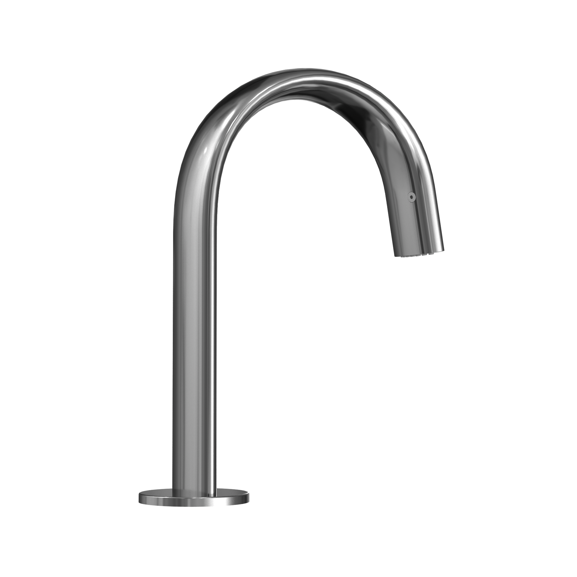 Polished chrome gooseneck bathroom faucet with curved spout and rectangular base mounted on countertop.
