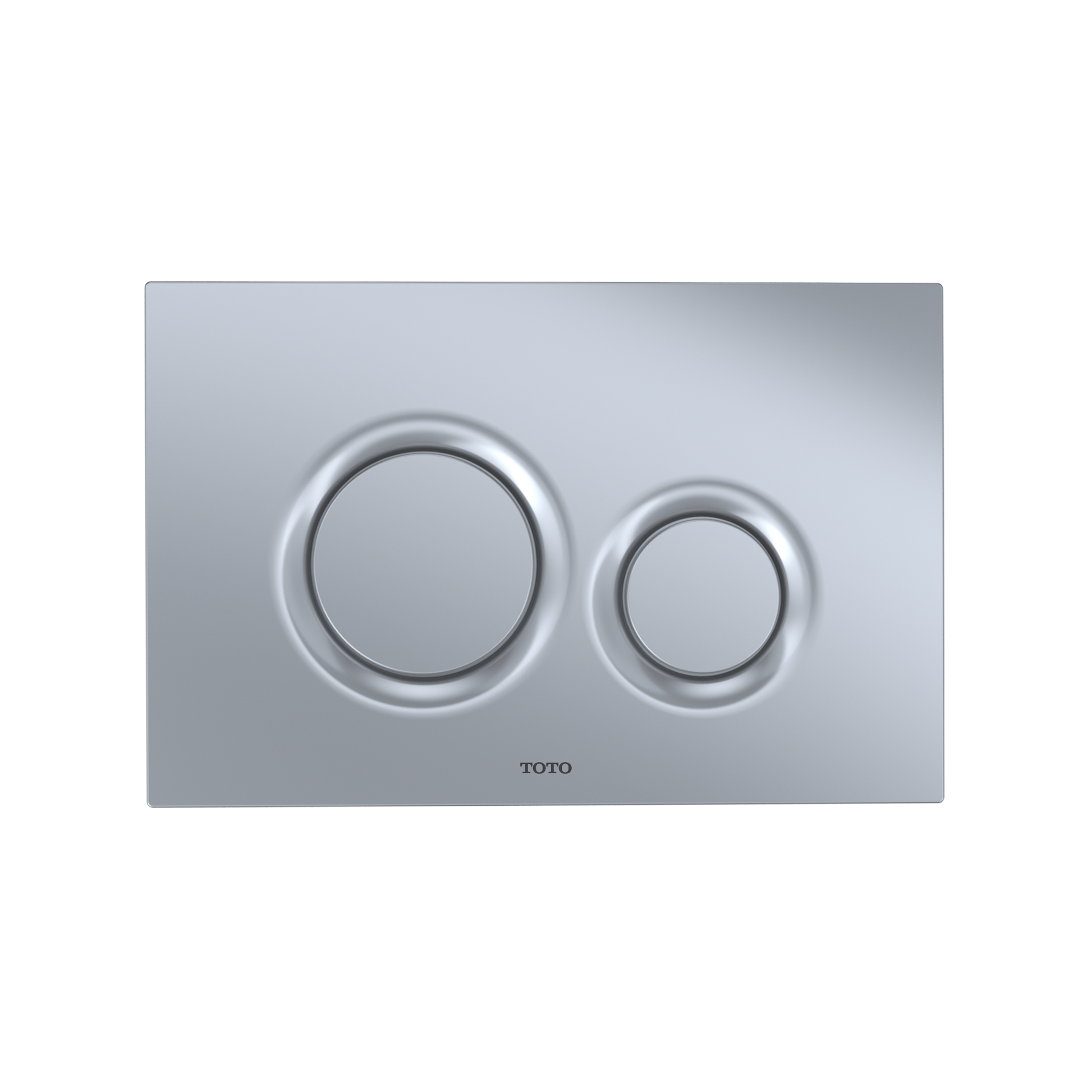 Matte silver dual-flush actuator plate with two circular buttons for wall-mounted toilet tank system.