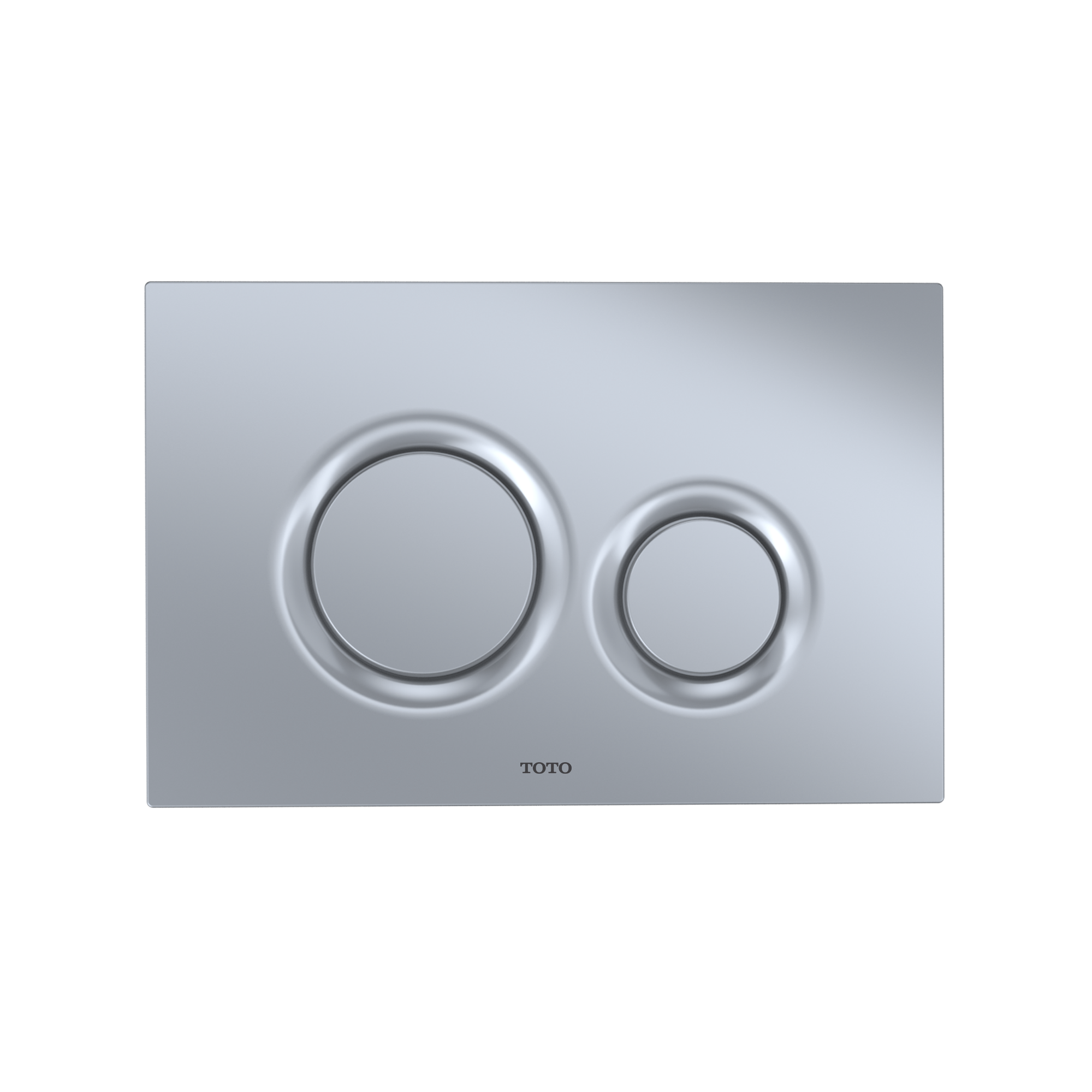 Matte silver dual-flush actuator plate with two circular buttons for wall-mounted toilet tank system.
