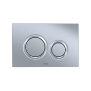 Matte silver rectangular flush plate with two round push buttons for dual flush toilet control.