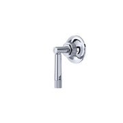 Antique gold volume control and diverter trim with round backplate and lever handle for bathroom shower installation.