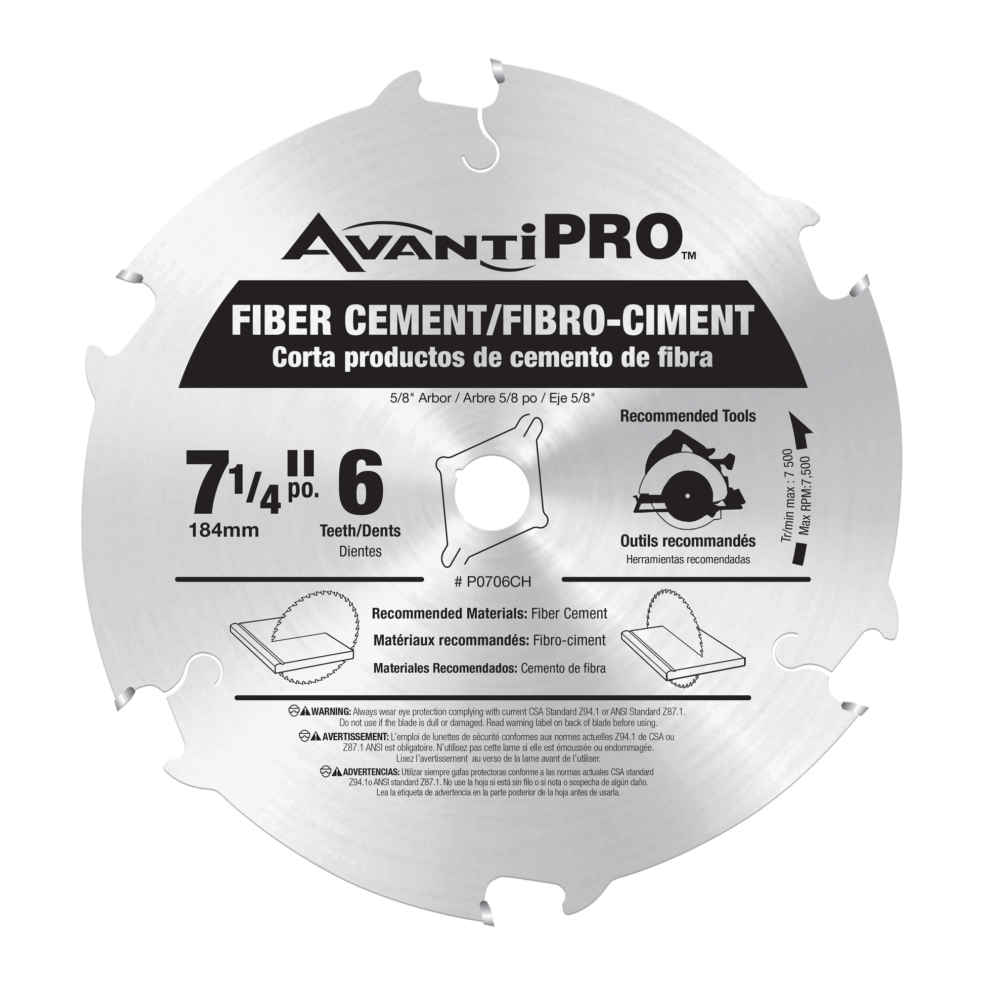 AvantiPRO 7-1/4" fiber cement saw blade with 6 teeth and 5/8" arbor hole.