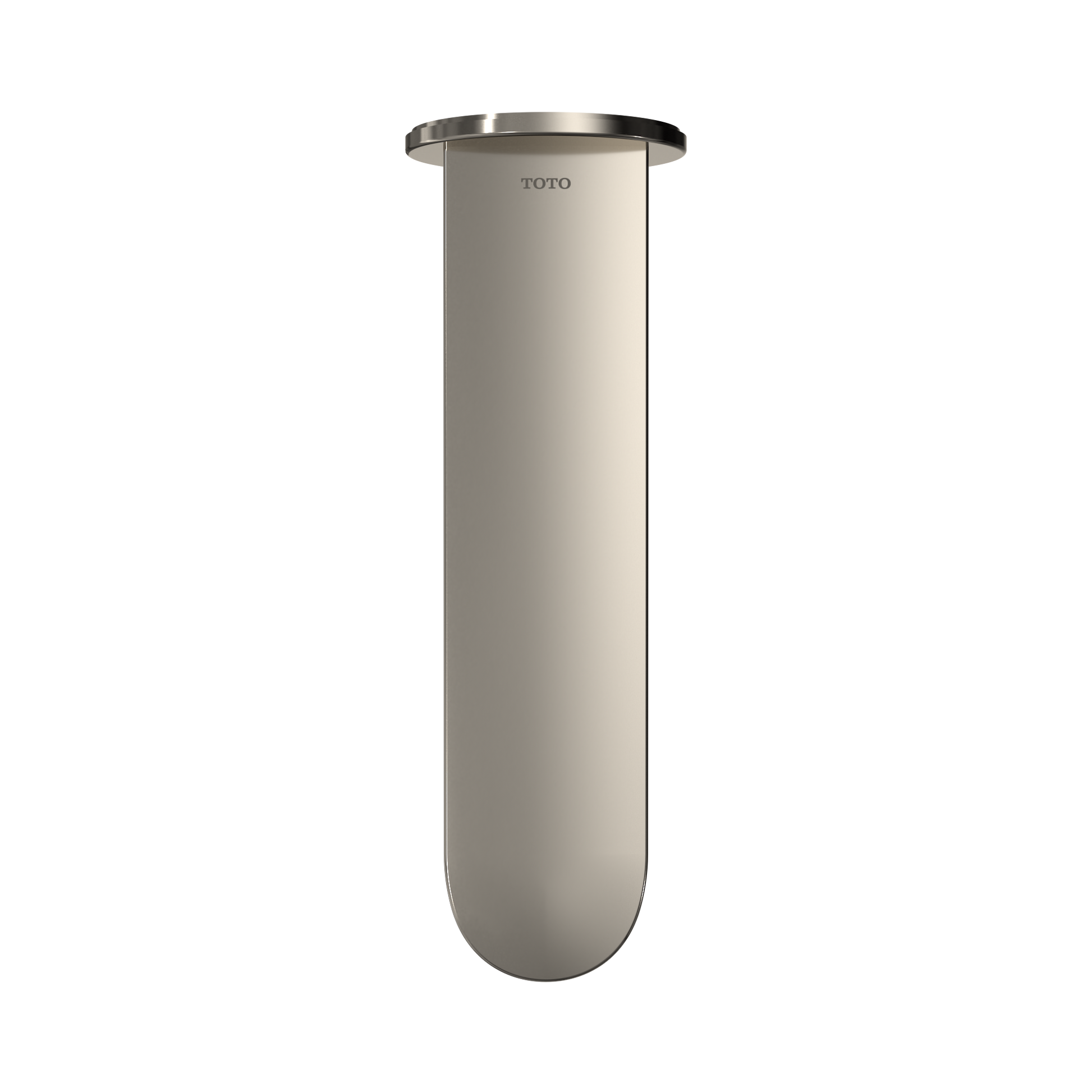 Polished nickel wall-mounted cylindrical tub spout with rounded bottom and flat rim collar.