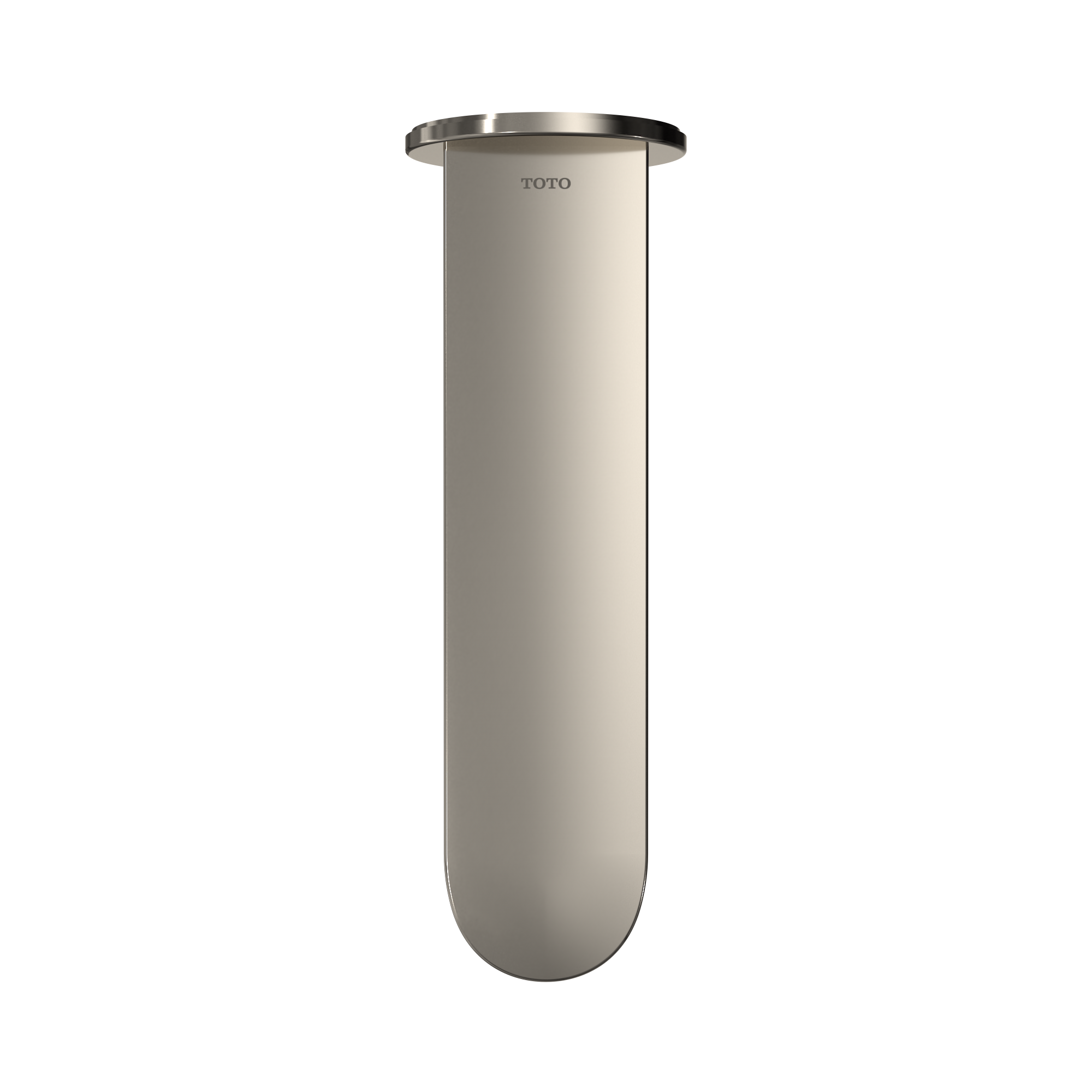 Polished nickel wall-mounted cylindrical tub spout with rounded bottom and flat rim collar.