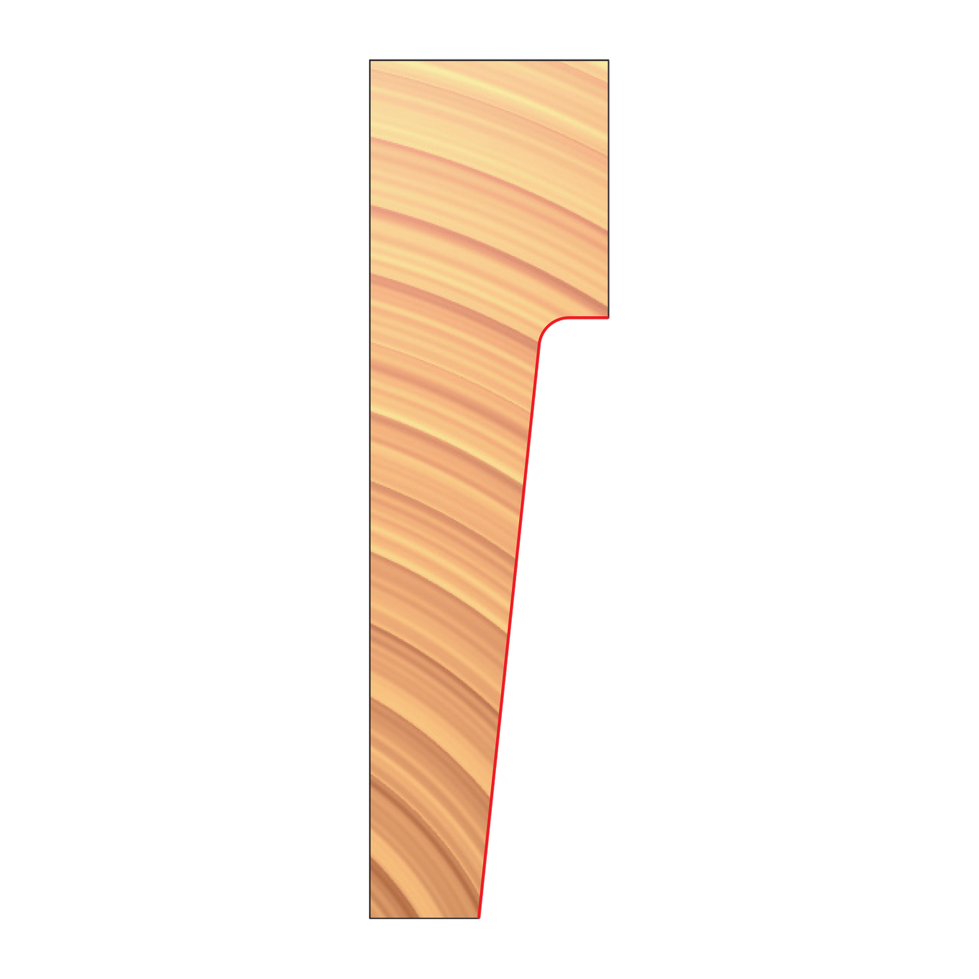 Vertical raised panel cutter with curved profile edge and red cutting surface on wood sample.