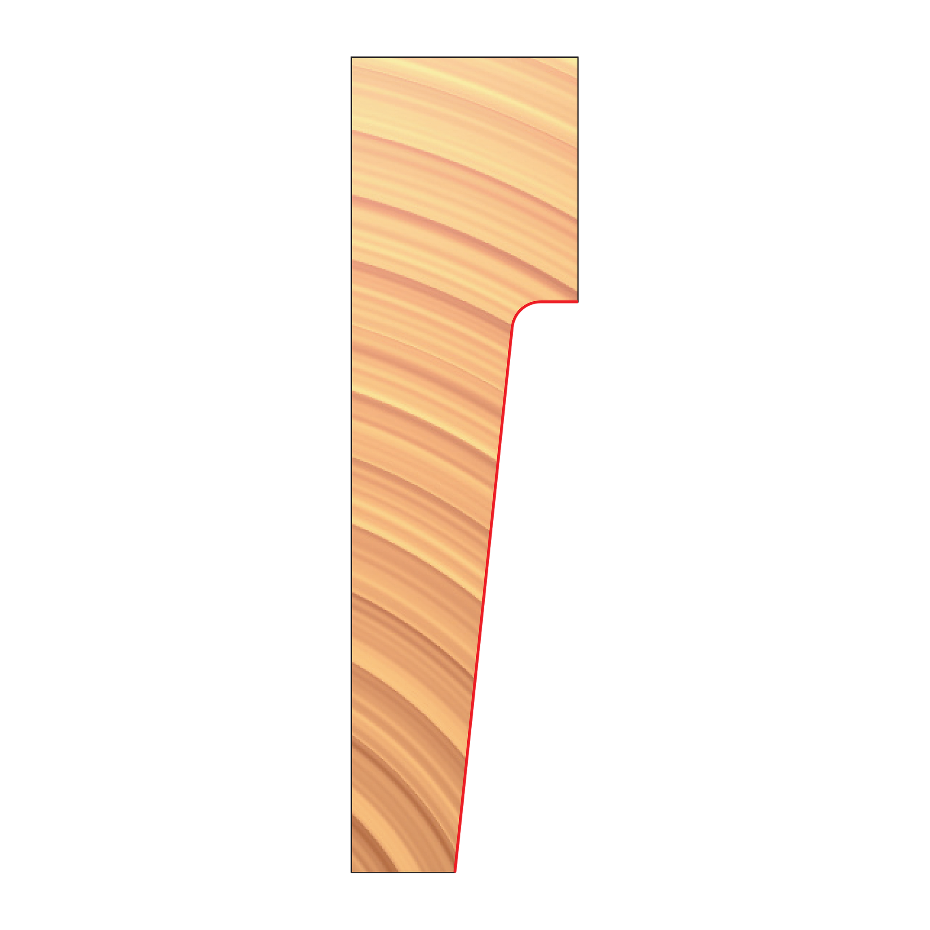 Vertical raised panel cutter with curved profile edge and red cutting surface on wood sample.