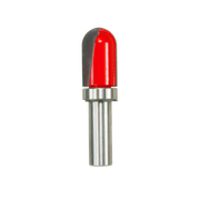 Router bit with red round nose cutting head and silver metal shank with gray bearing collar.