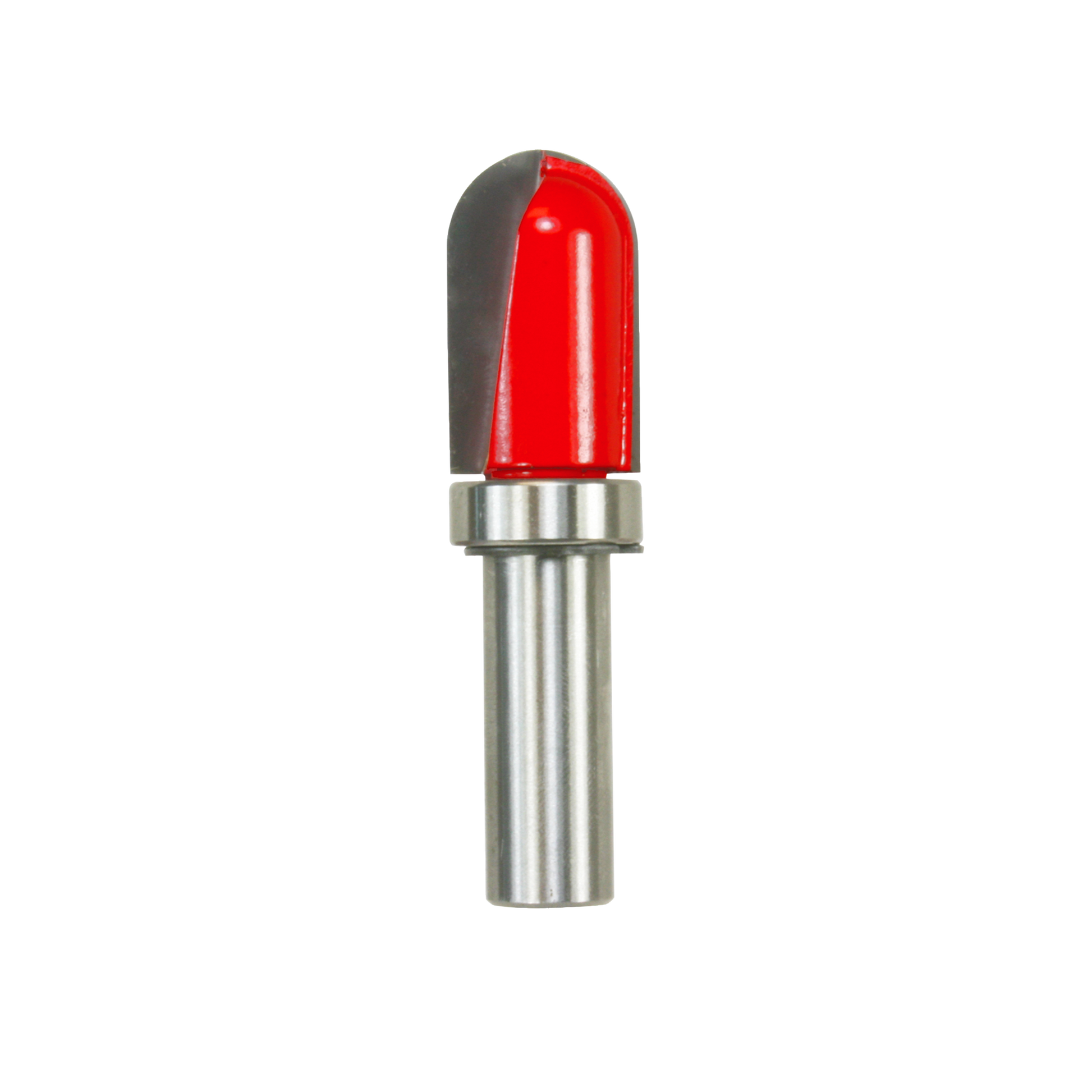 Router bit with red round nose cutting head and silver metal shank with gray bearing collar.