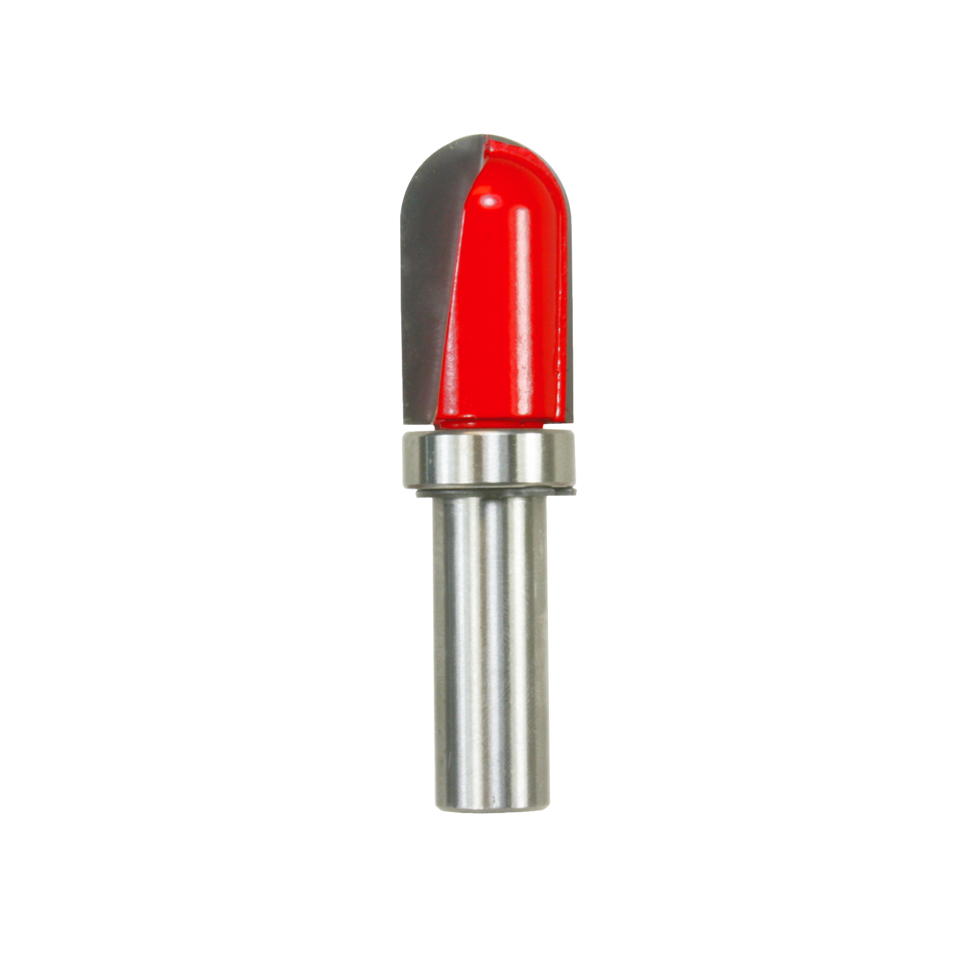Router bit with red round nose cutting head and silver metal shank with gray bearing collar.