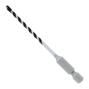 Black and silver carbide tipped hammer drill bit with spiral flutes and hex shank.
