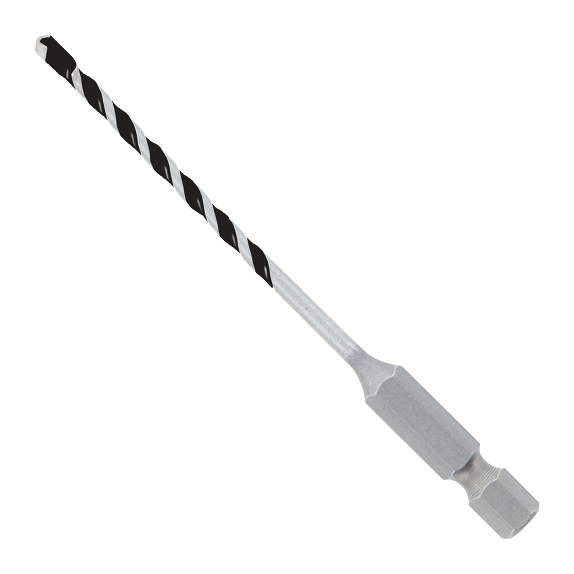 Black and silver carbide tipped hammer drill bit with spiral flutes and hex shank.