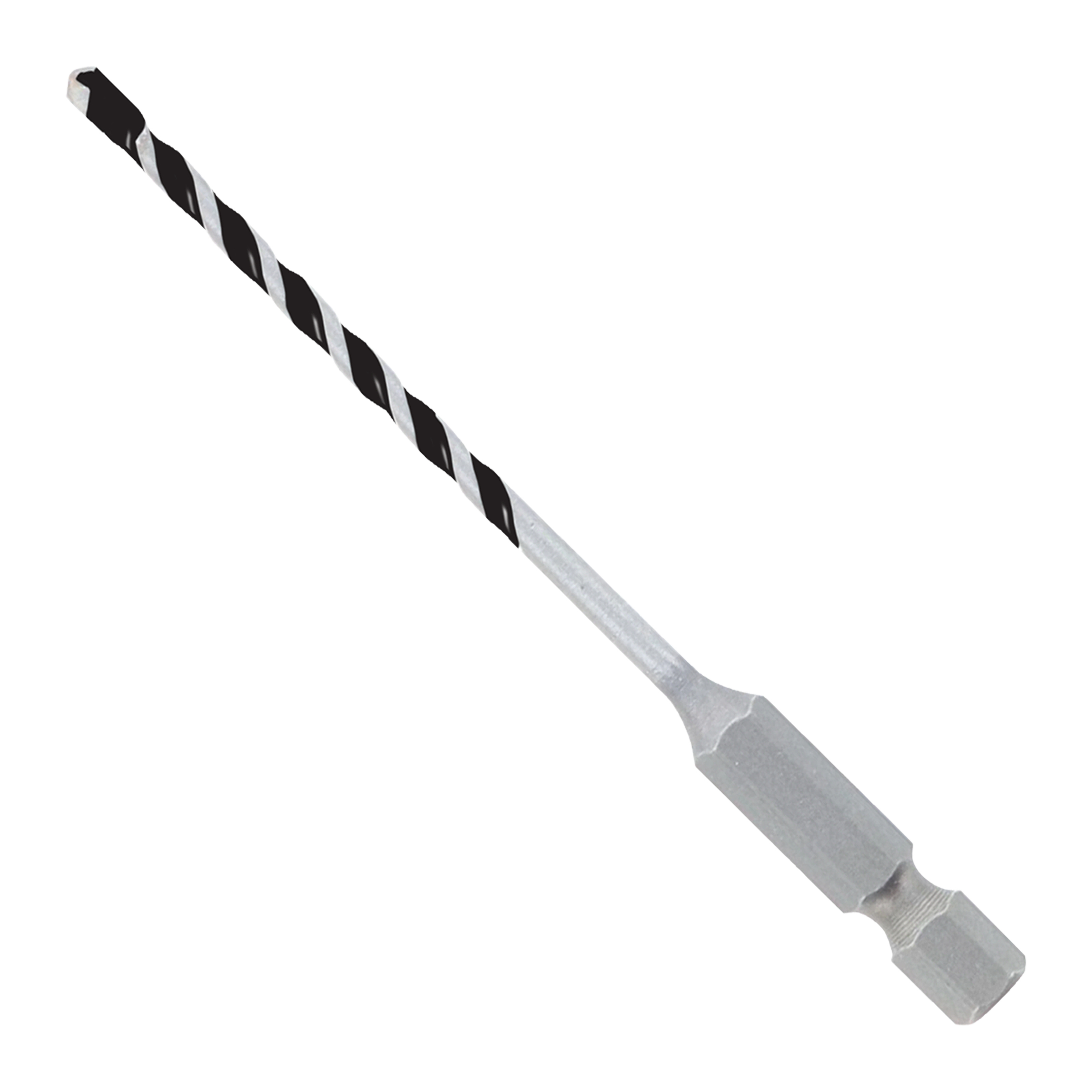 Black and silver carbide tipped hammer drill bit with spiral flutes and hex shank.