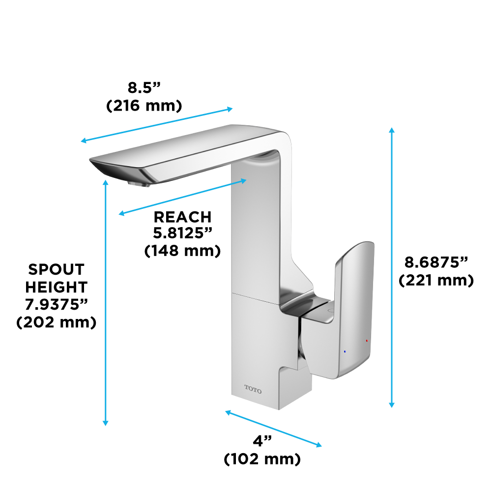 Brushed nickel single-handle bathroom sink faucet with curved spout and rectangular basin, shown with dimension measurements.