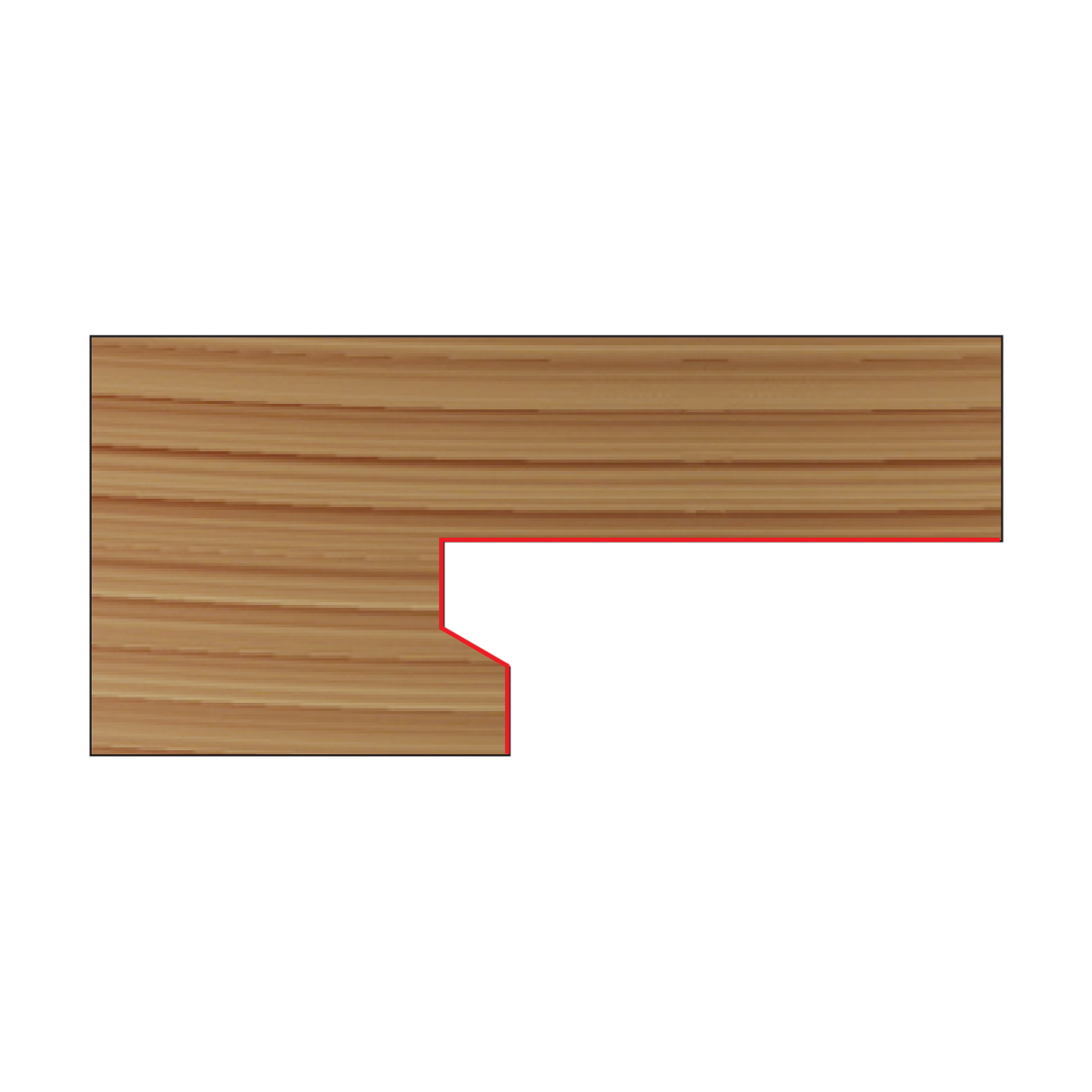 Drawer lock cutter profile shown in red outline on wood sample, displaying rectangular notch pattern for woodworking.