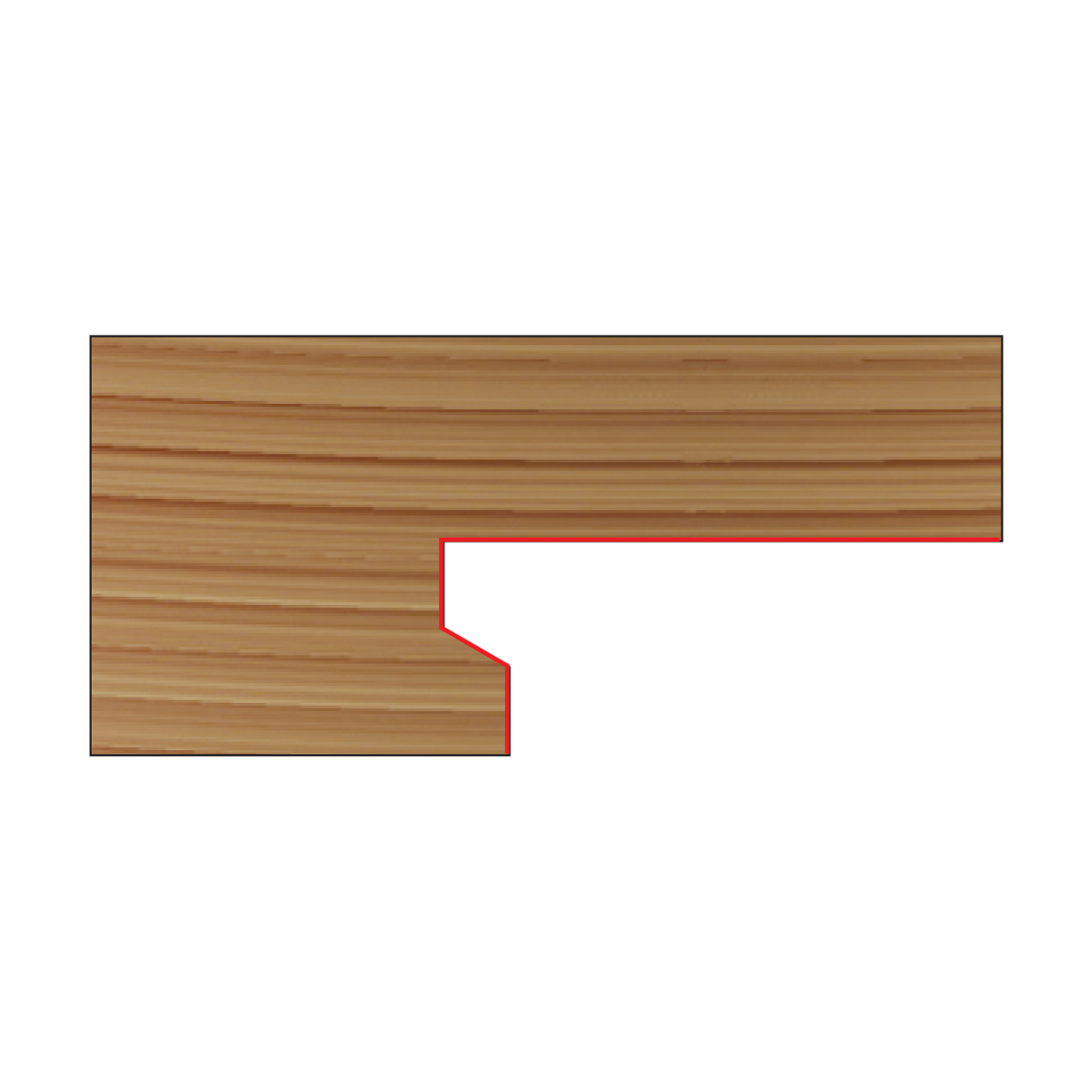 Router bit with red cutting edges shown in profile cutting a lock notch into wood.