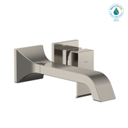Polished nickel wall-mount bathroom faucet with single handle and curved spout.