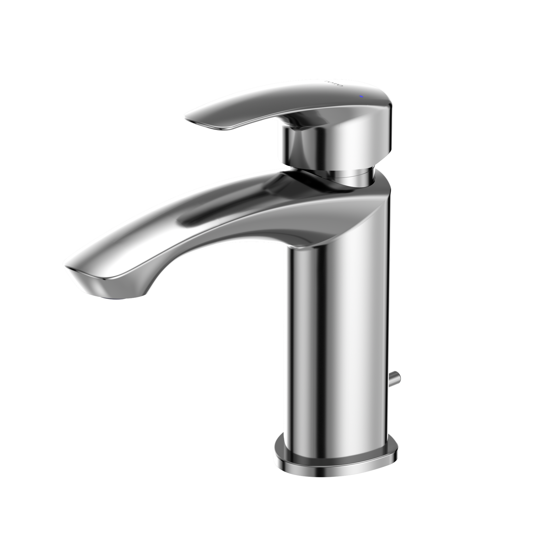 Polished chrome single-handle bathroom sink faucet with curved spout and lever handle.