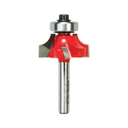 Red and silver rounding over router bit with metal bearing and cylindrical shank.