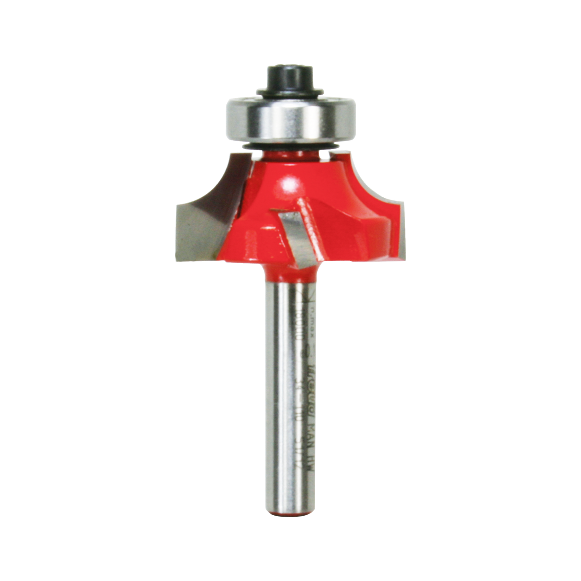 Red and silver rounding over router bit with metal bearing and cylindrical shank.