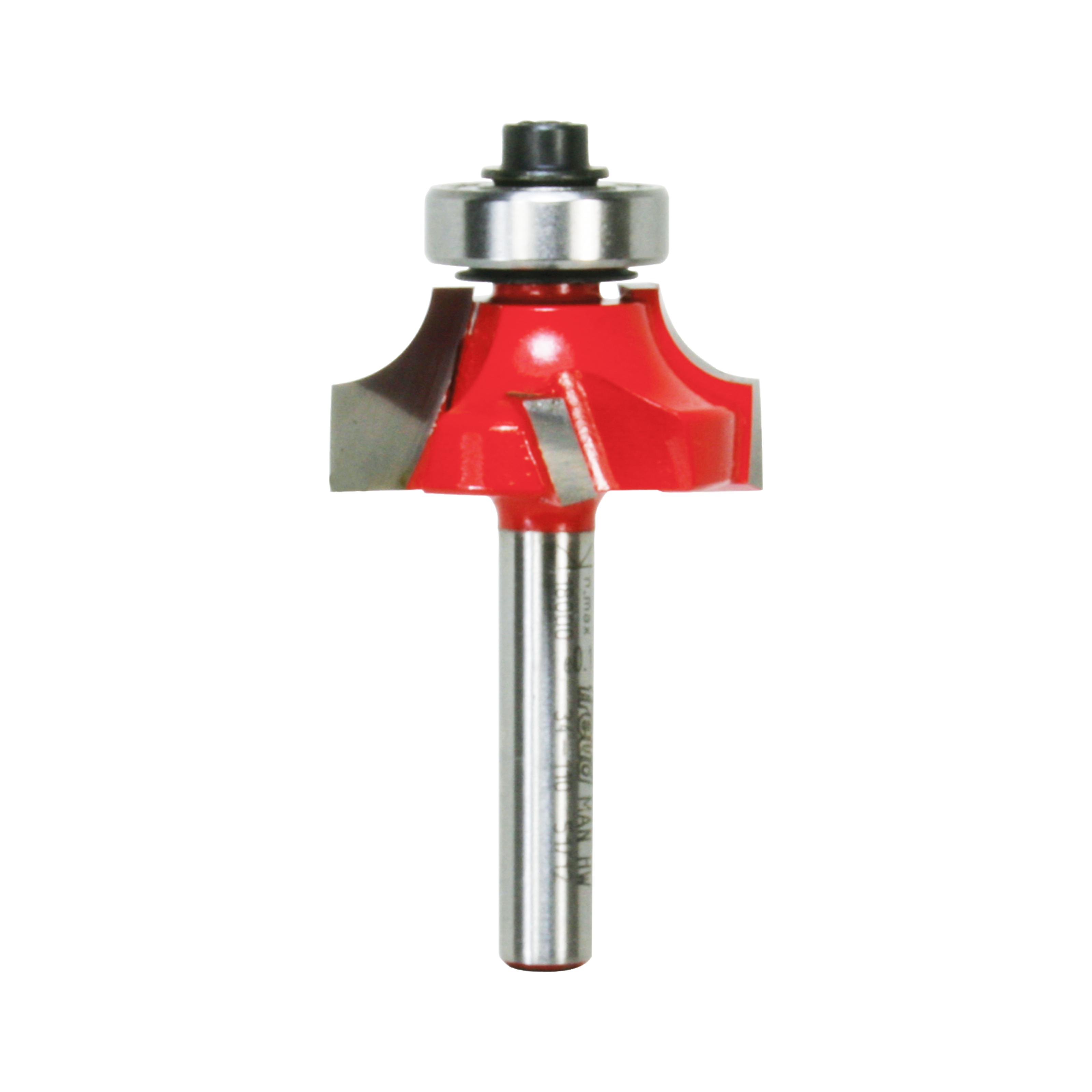 Red and silver rounding over router bit with metal bearing and cylindrical shank.