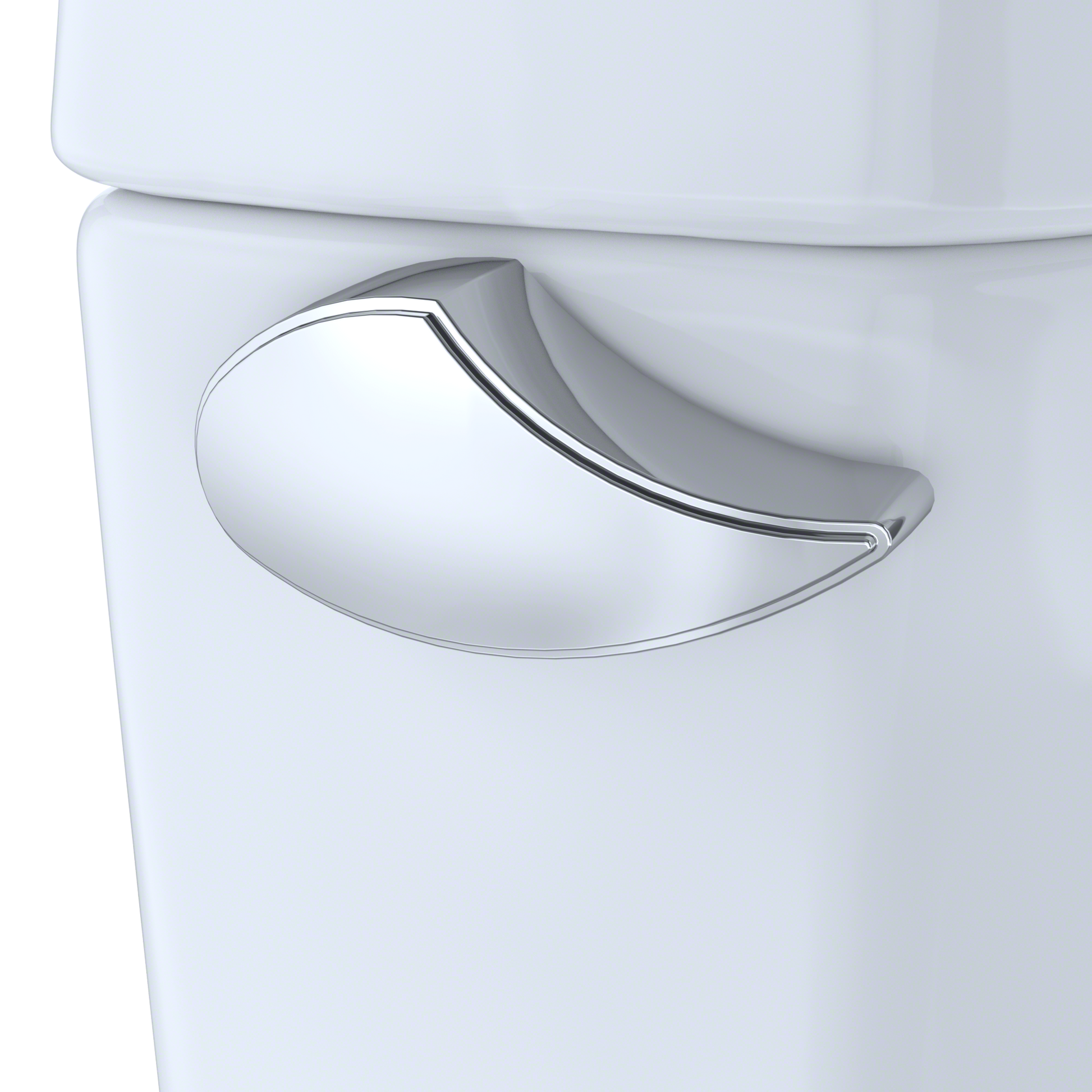 White elongated toilet with curved chrome handle and integrated bidet seat attachment on side.