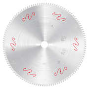 Freud 350mm circular saw blade with carbide-tipped teeth and center arbor hole, marked with red wavy lines.