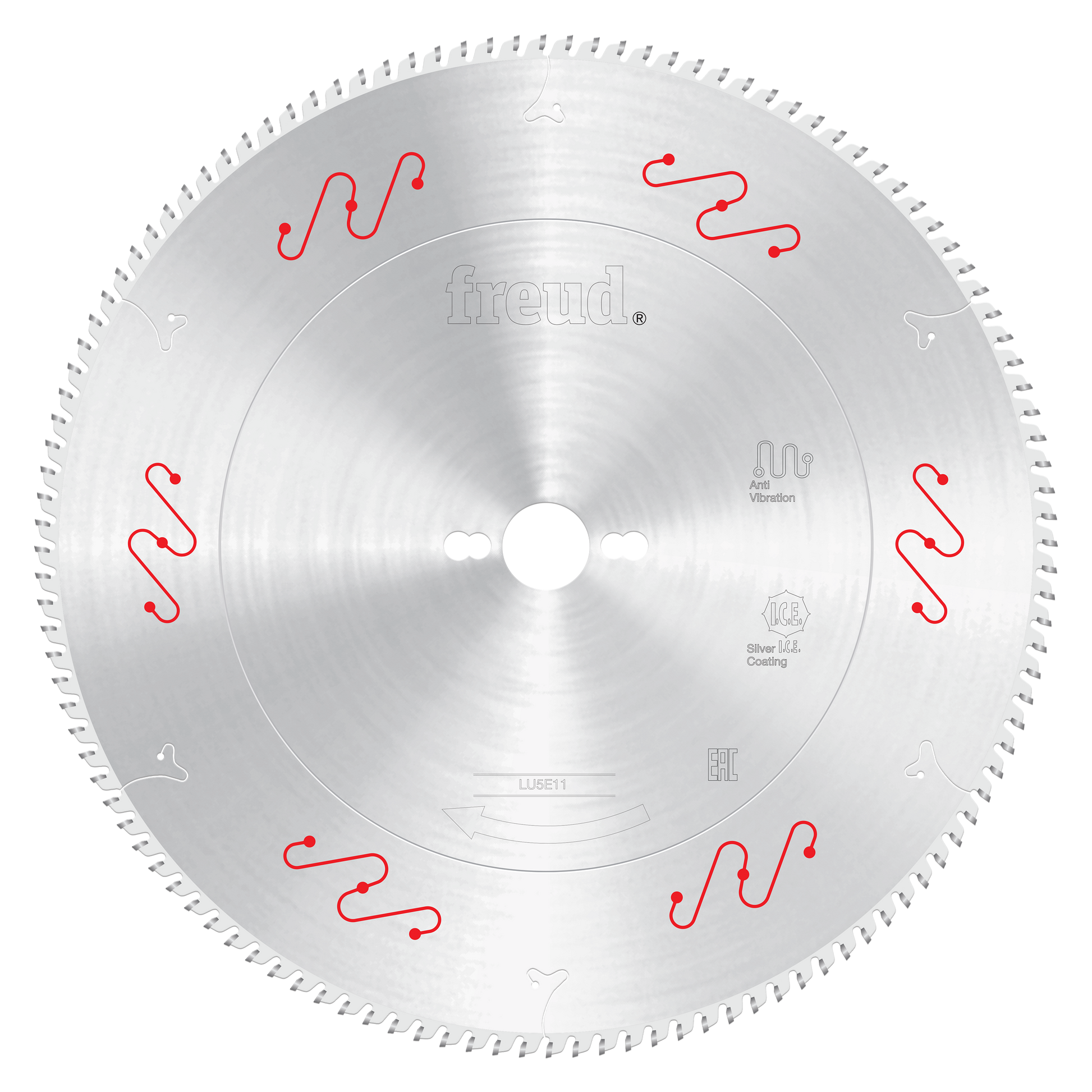 Freud 350mm circular saw blade with carbide-tipped teeth and center arbor hole, marked with red wavy lines.