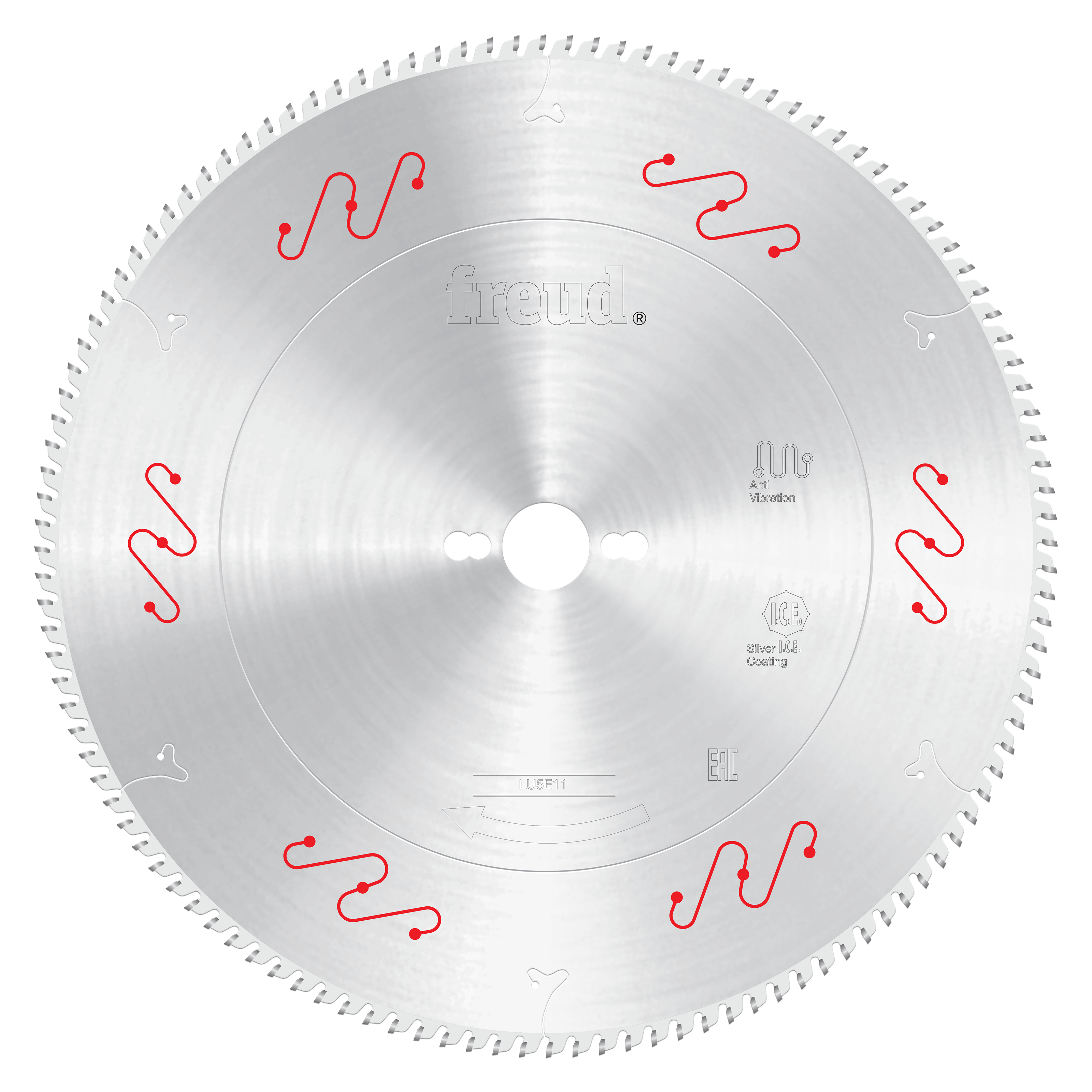 Freud 350mm circular saw blade with carbide-tipped teeth and center arbor hole, marked with red wavy lines.