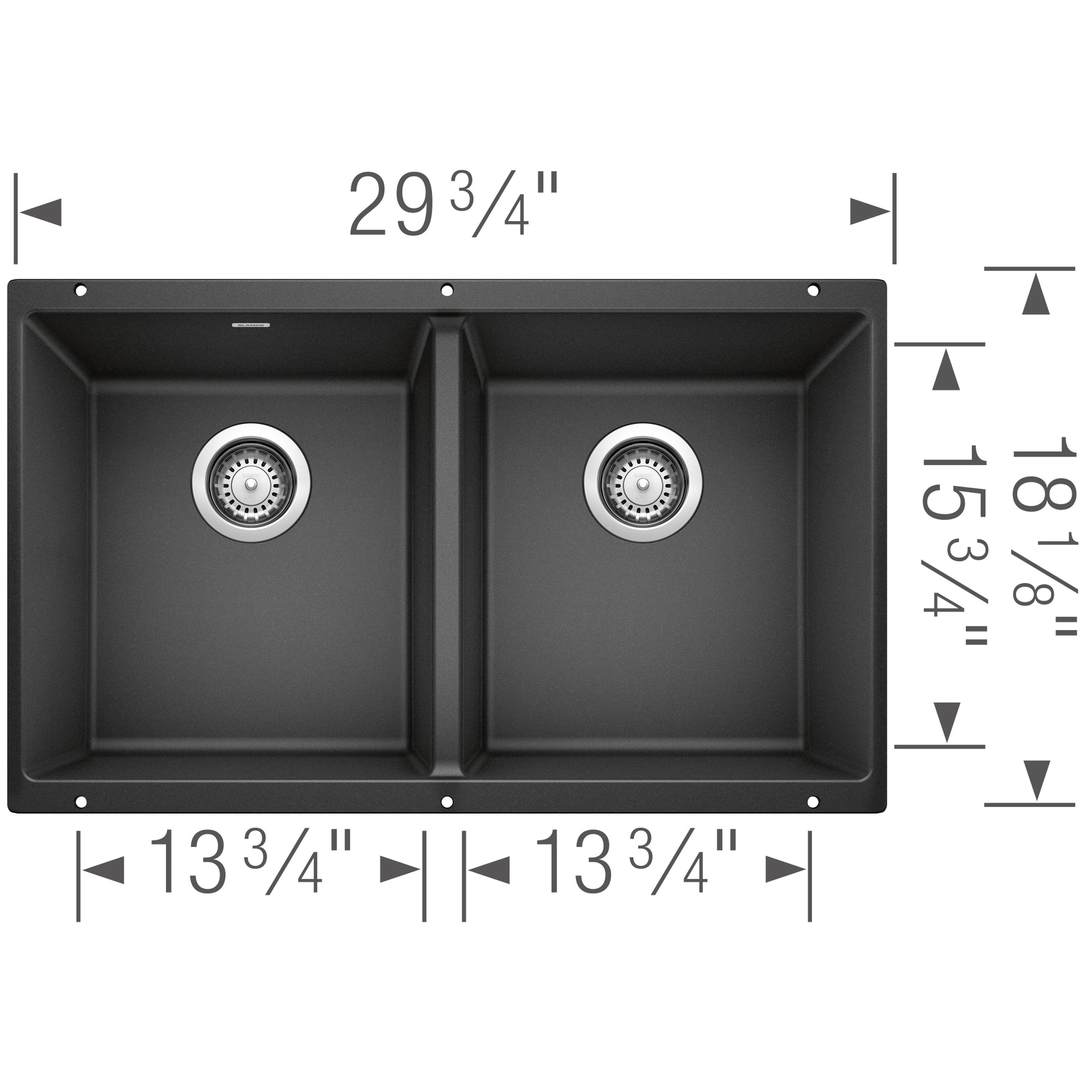 Anthracite undermount double bowl sink with two equal compartments and chrome strainer drains, top view showing dimensions.