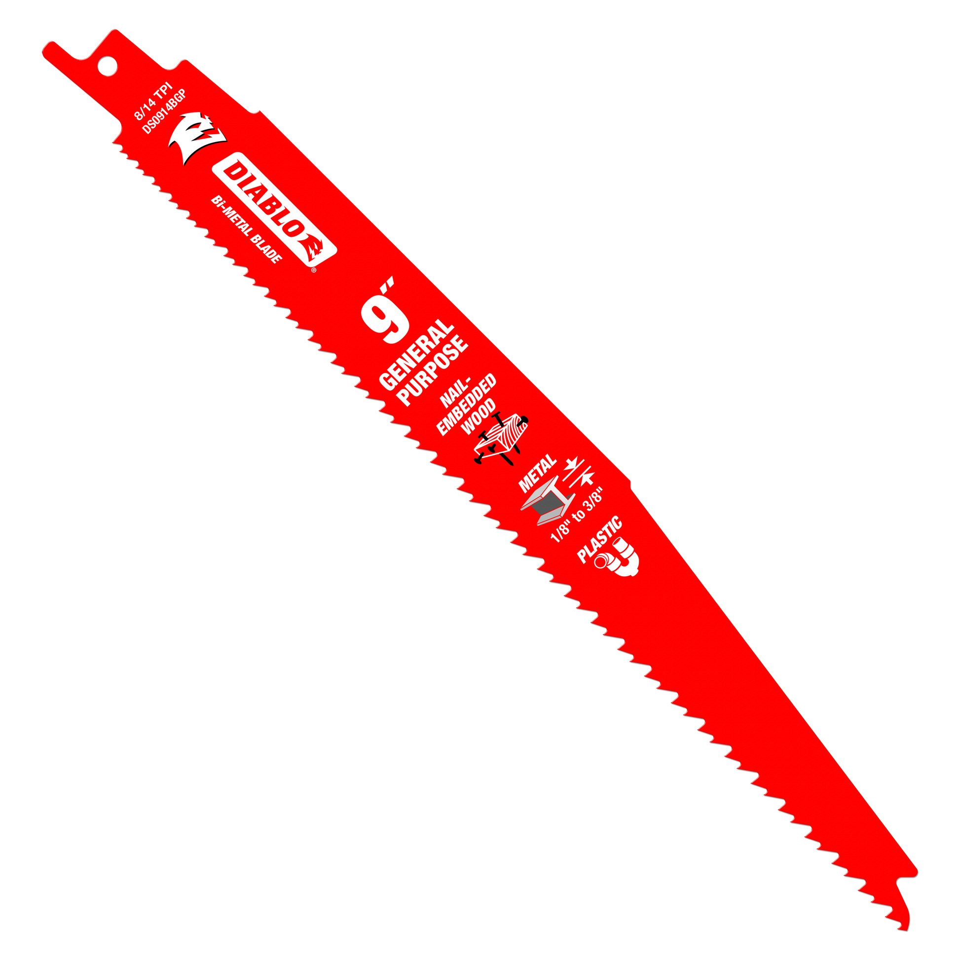 Red bi-metal reciprocating saw blade, 9 inches long, with serrated cutting edge and mounting hole.