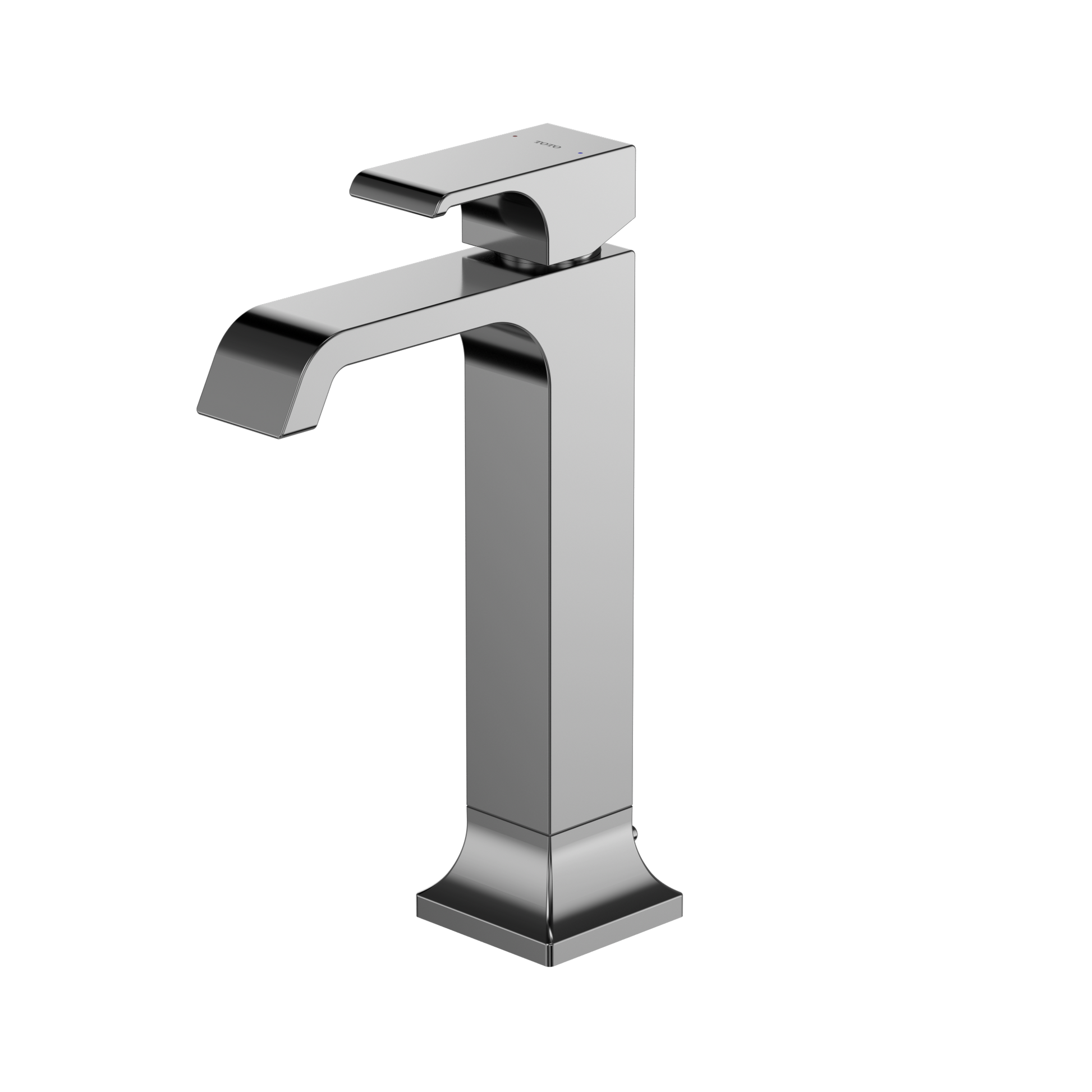 Polished chrome single-handle vessel bathroom sink faucet with curved spout and rectangular body design.