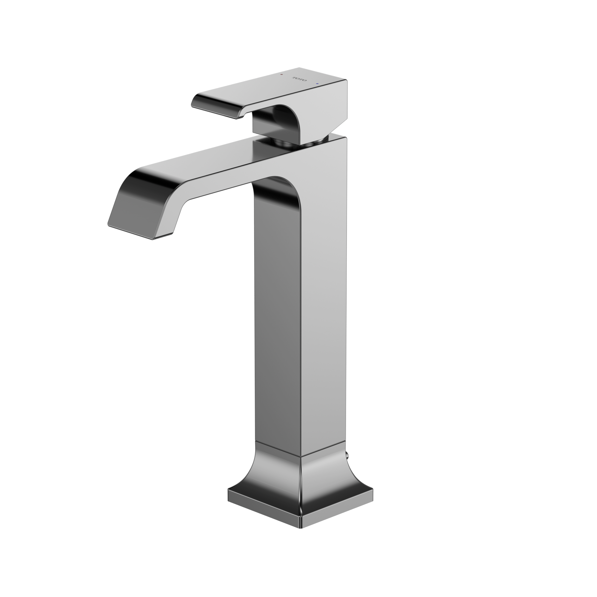 Polished chrome single-handle vessel bathroom sink faucet with curved spout and rectangular body design.
