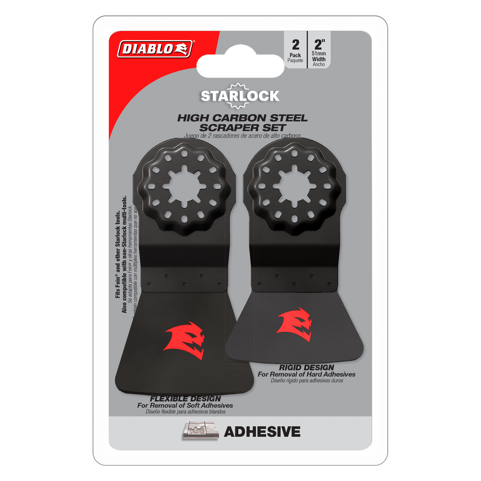 Two black Diablo Starlock high carbon steel oscillating scraper blades with round textured heads, 2 inches wide, on retail pa