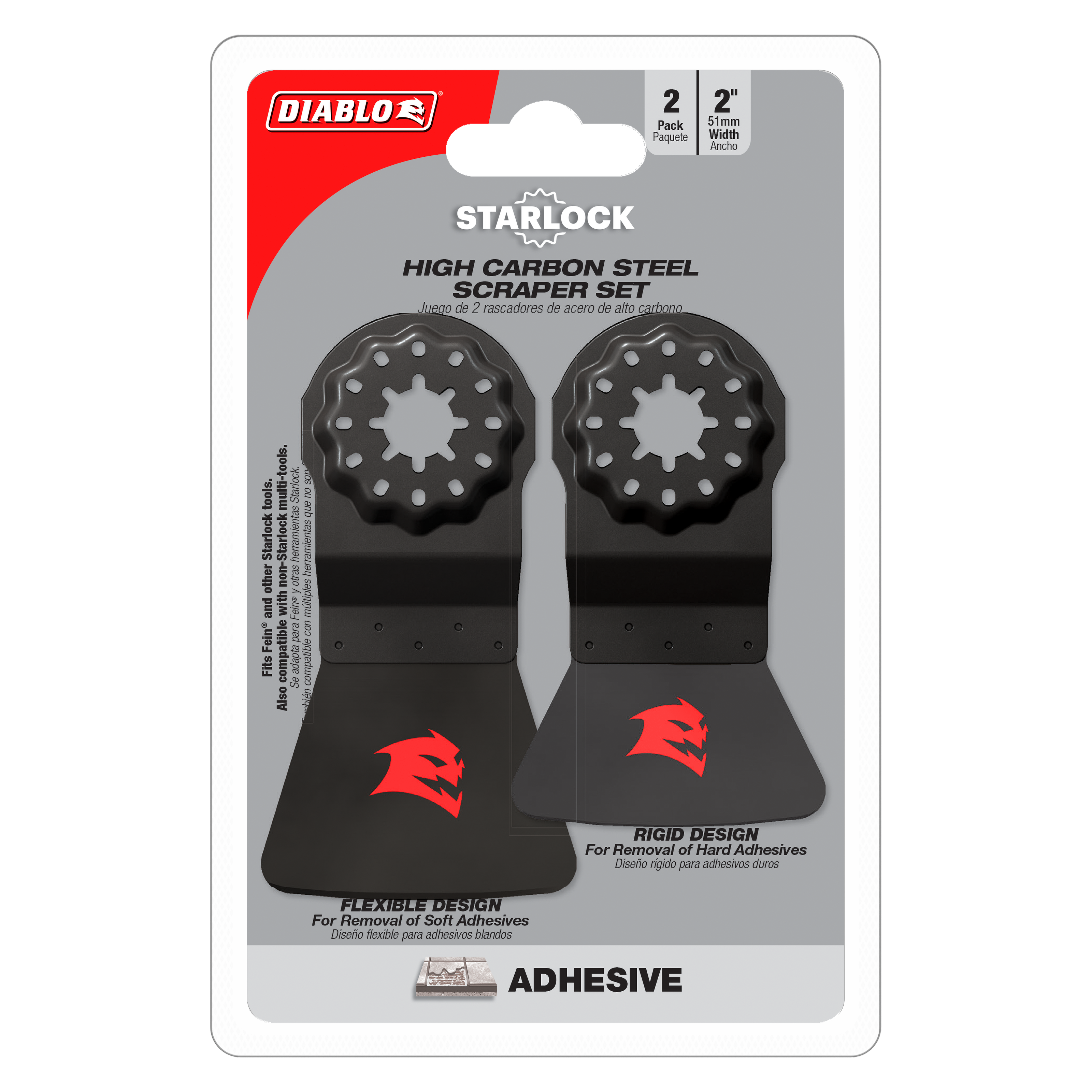Two black Diablo Starlock high carbon steel oscillating scraper blades with round textured heads, 2 inches wide, on retail pa