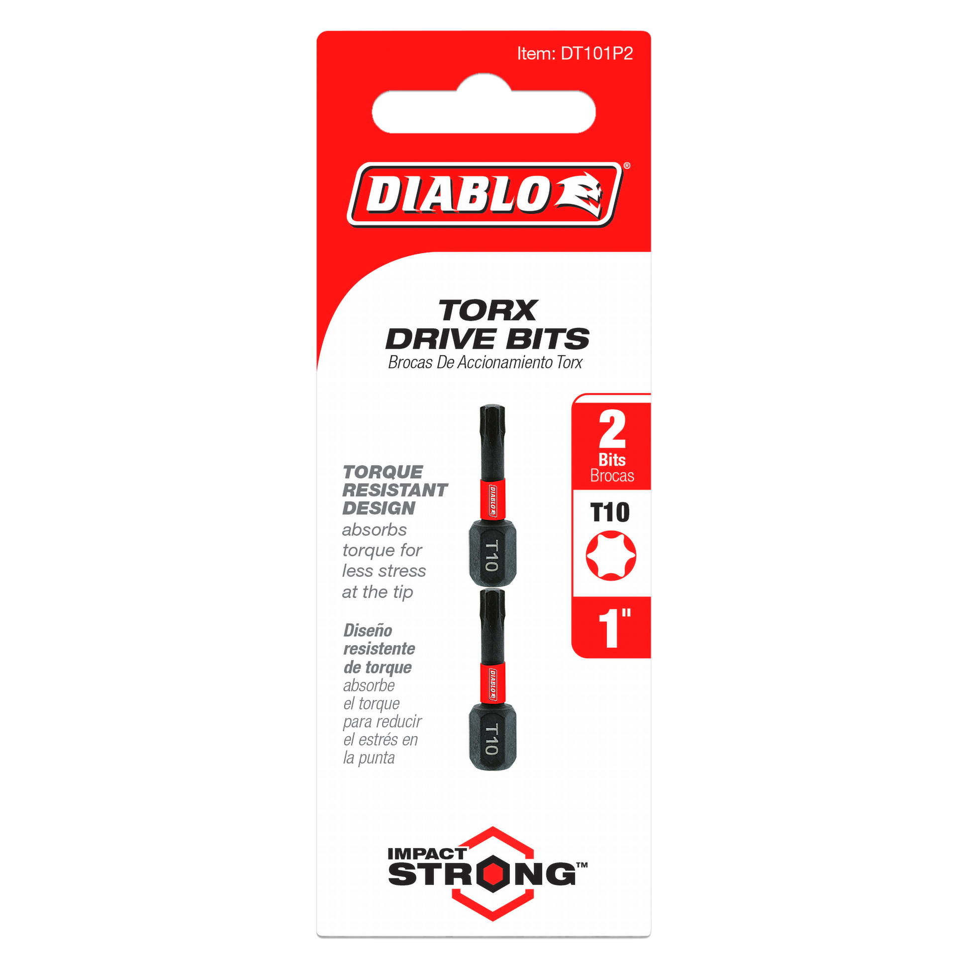 Two black and red Diablo #10 Torx drive bits, each 1 inch long, displayed on red and white packaging.