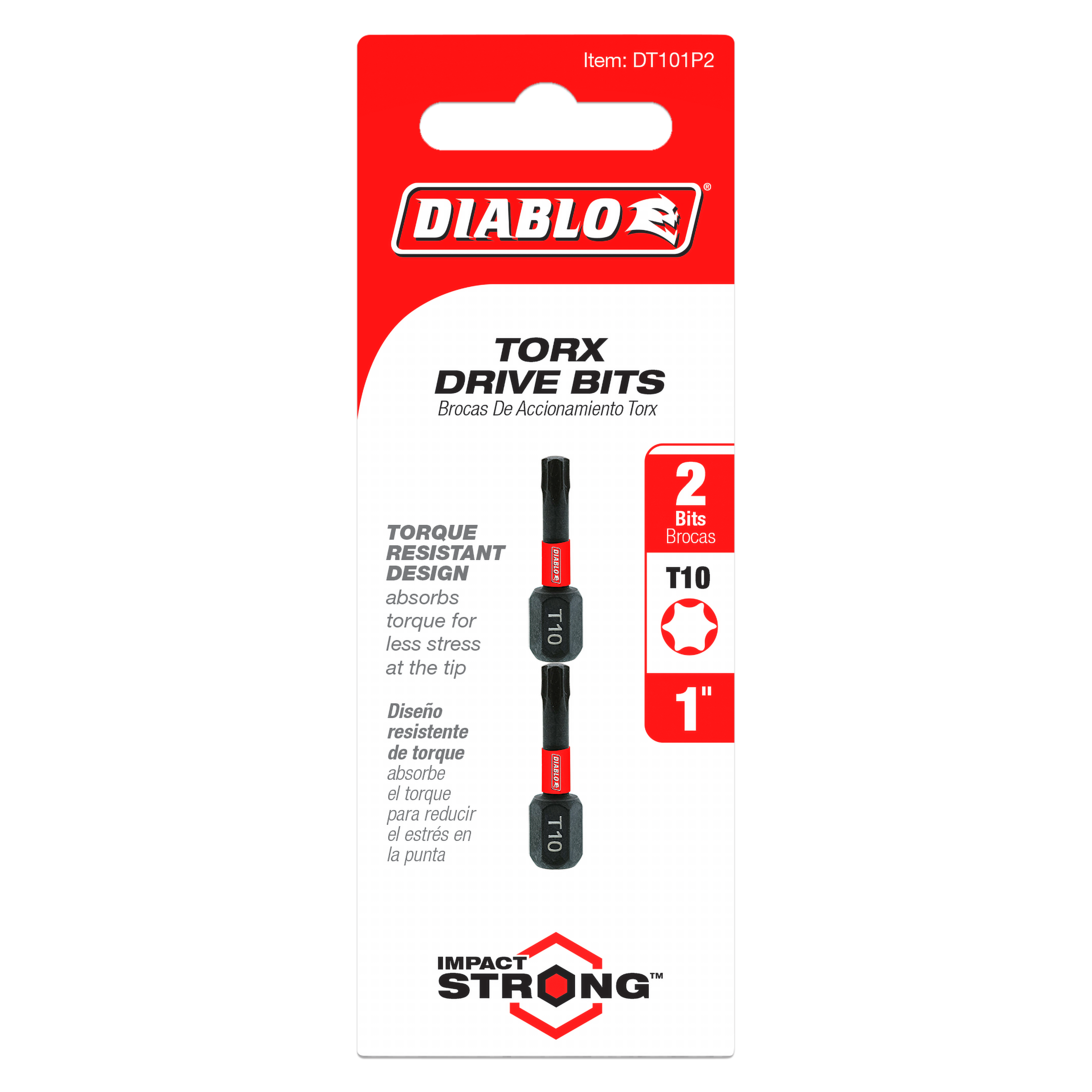 Two black and red Diablo #10 Torx drive bits, each 1 inch long, displayed on red and white packaging.