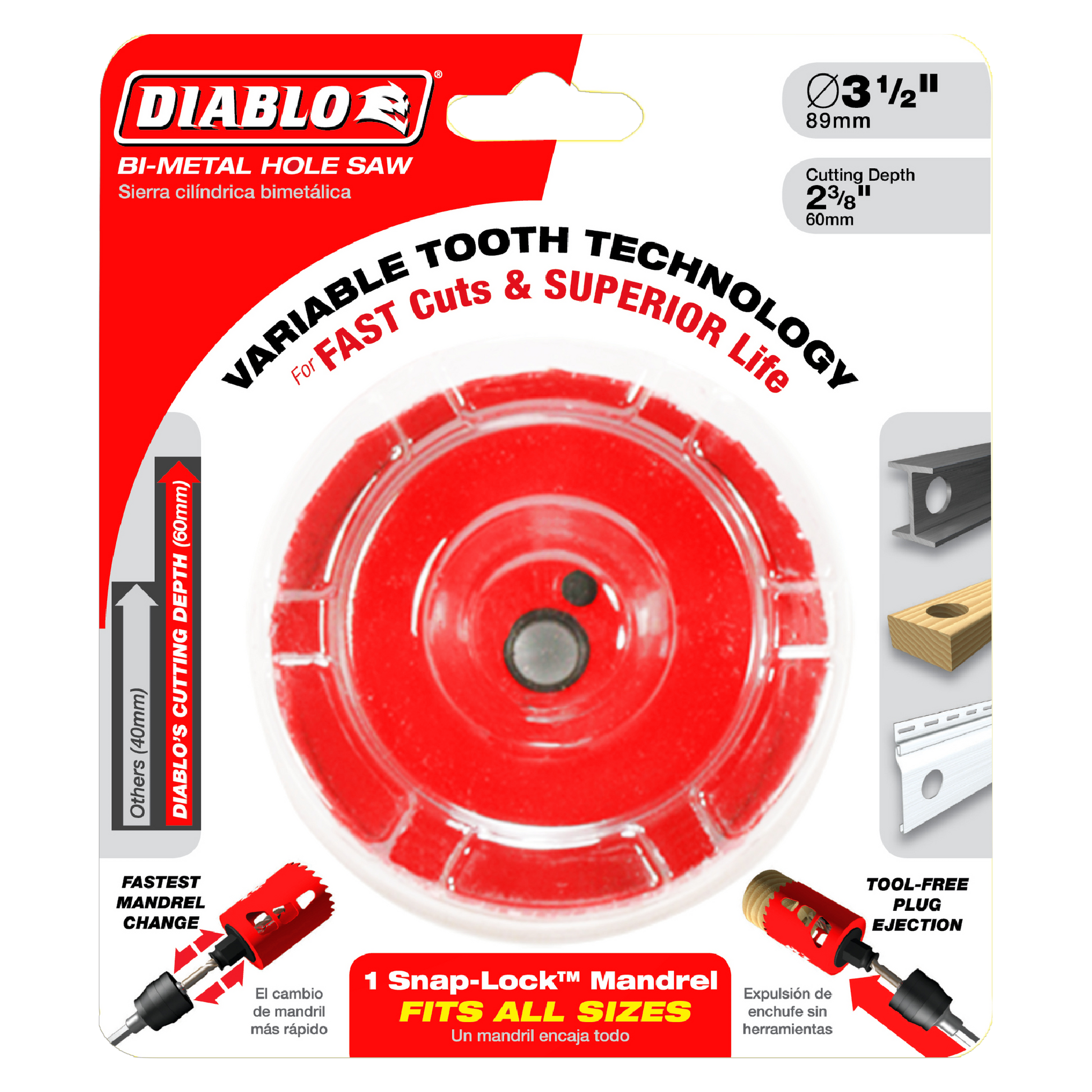 Diablo bi-metal hole saw 3-1/2 inch diameter with variable tooth technology, red cutting wheel and Snap-Lock mandrel.