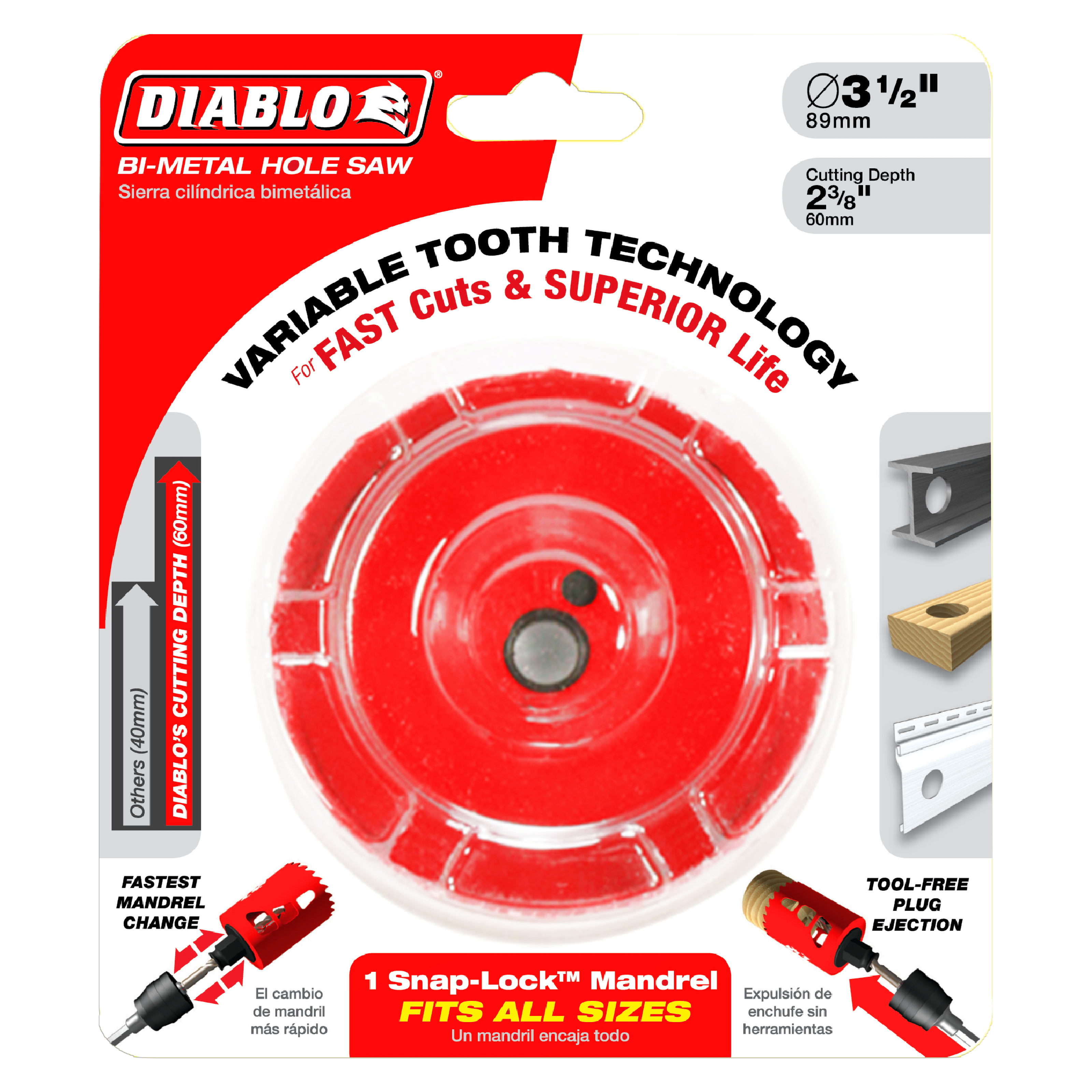 Diablo bi-metal hole saw 3-1/2 inch diameter with variable tooth technology, red cutting wheel and Snap-Lock mandrel.