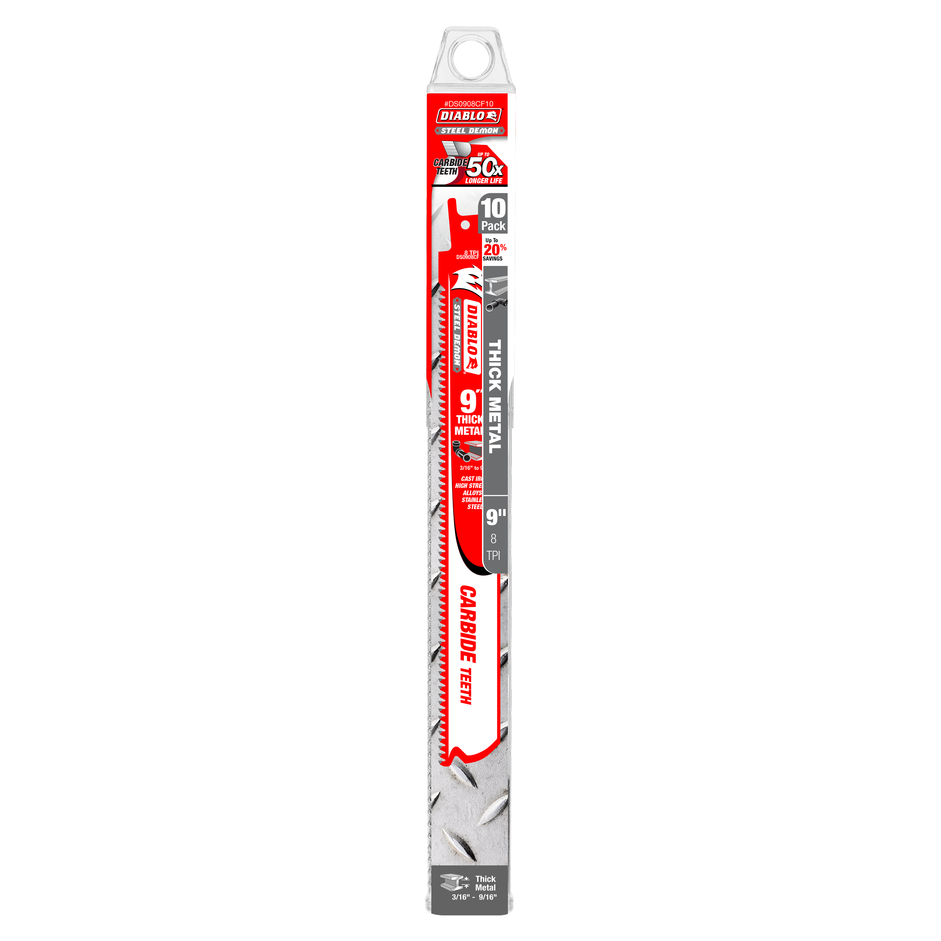 Diablo DS0908CF10 9 in. Steel Demon Carbide Recip Blades for Thick Metal (3/16 in. - 9/16 in.) Cutting (10-Pack) - 5 Pack