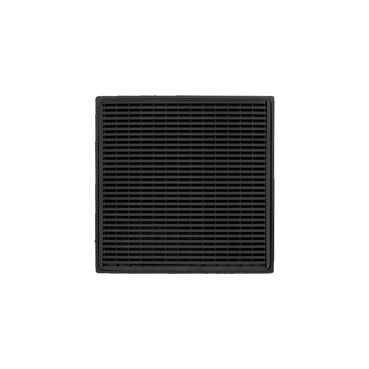 Matte black square drain grate with horizontal slat pattern and raised border frame.