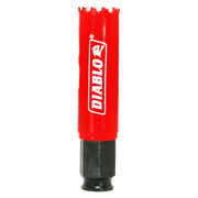 Red and black Diablo hole saw with serrated cutting edge and cylindrical body.