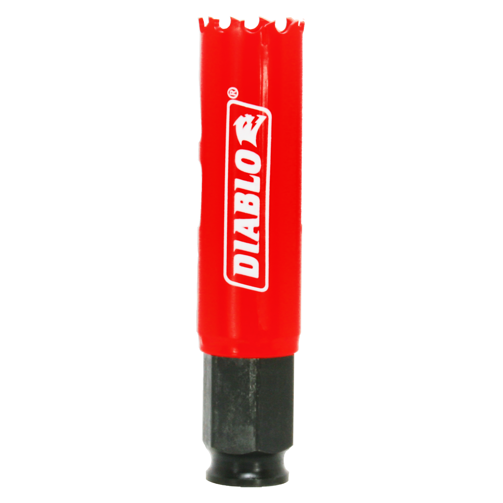 Red and black Diablo hole saw with serrated cutting edge and cylindrical body.