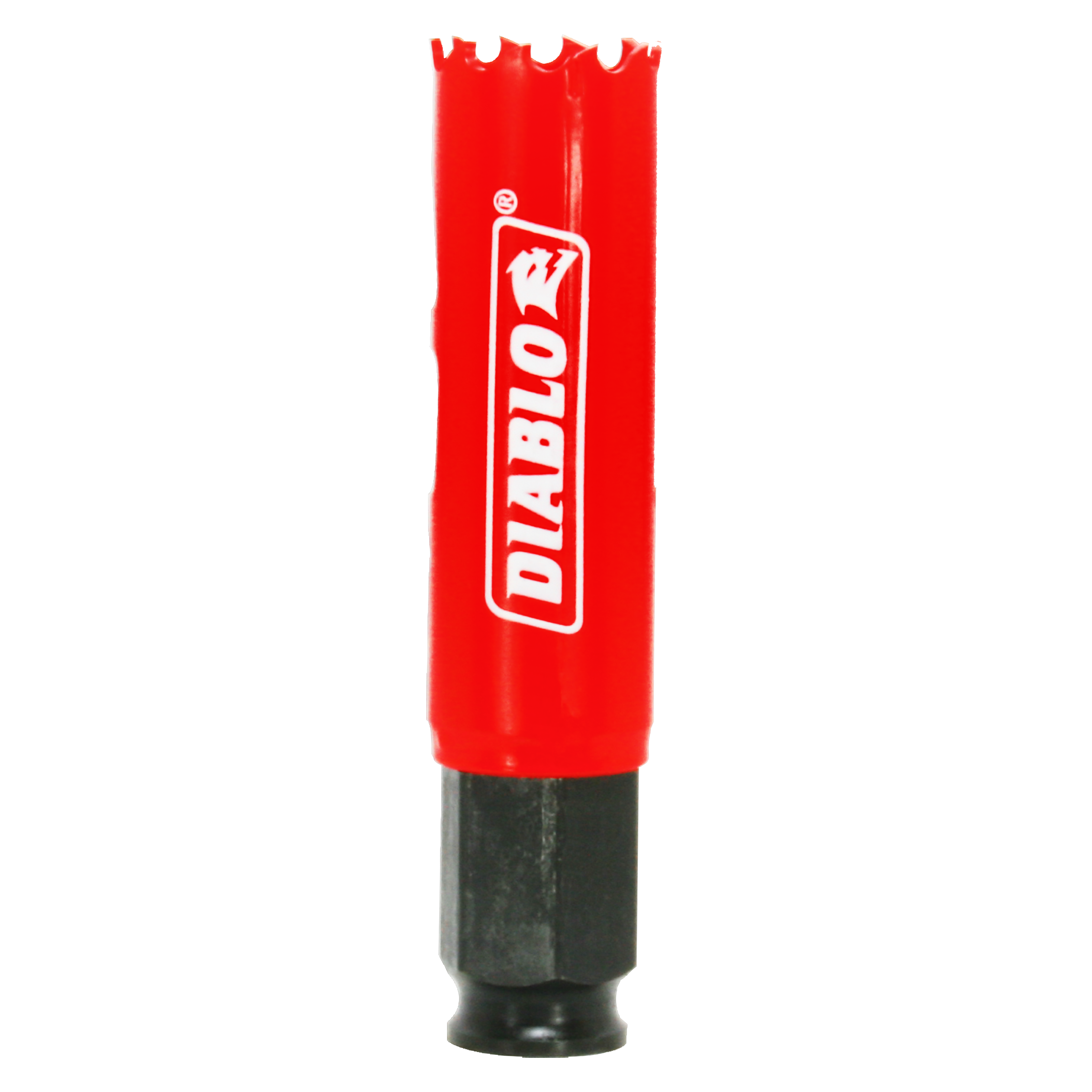 Red and black Diablo hole saw with serrated cutting edge and cylindrical body.