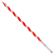 Red and gray spiral auger bit with pointed tip and hex shank, displayed at angle against white background.