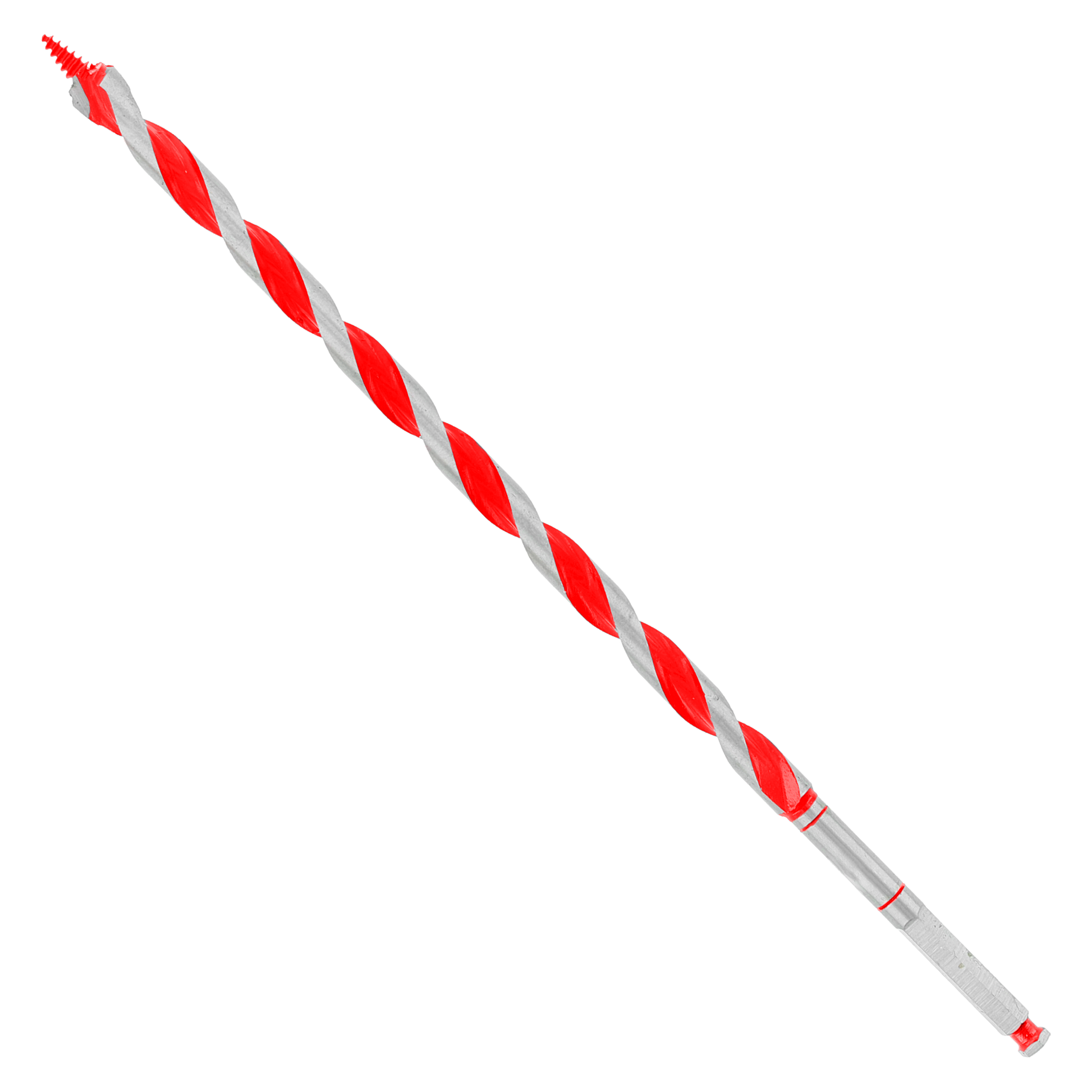 Red and gray spiral auger bit with pointed tip and hex shank, displayed at angle against white background.