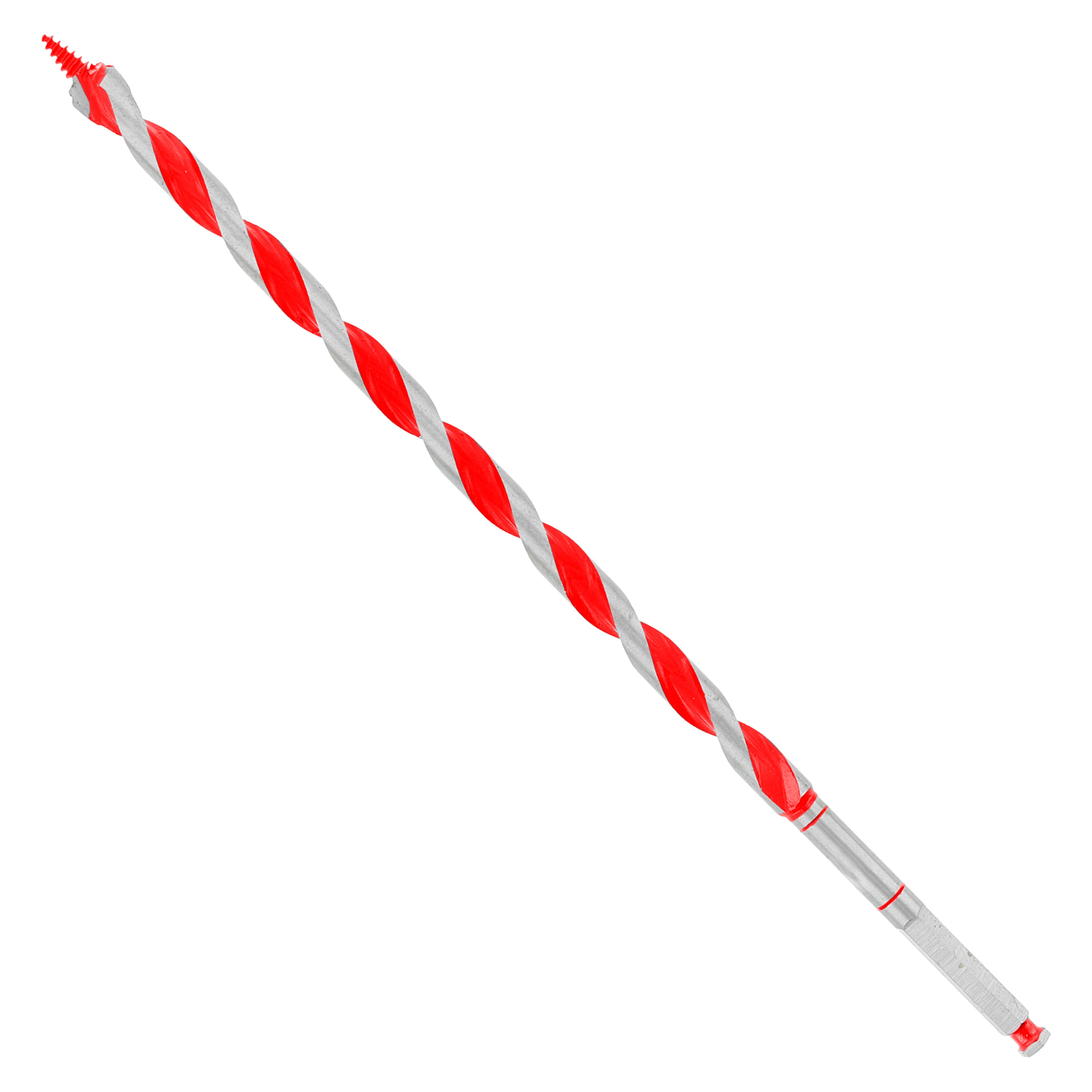 Red and gray spiral auger bit with pointed tip and hex shank, displayed at angle against white background.