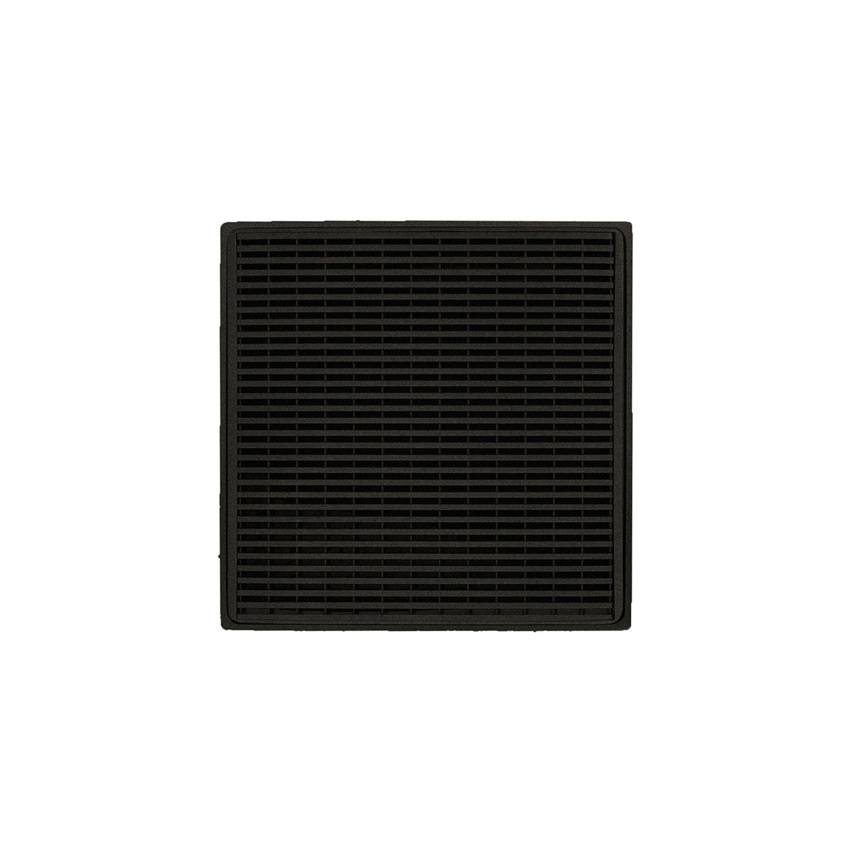 Square oil rubbed bronze drain cover with horizontal slat pattern and center drain opening.