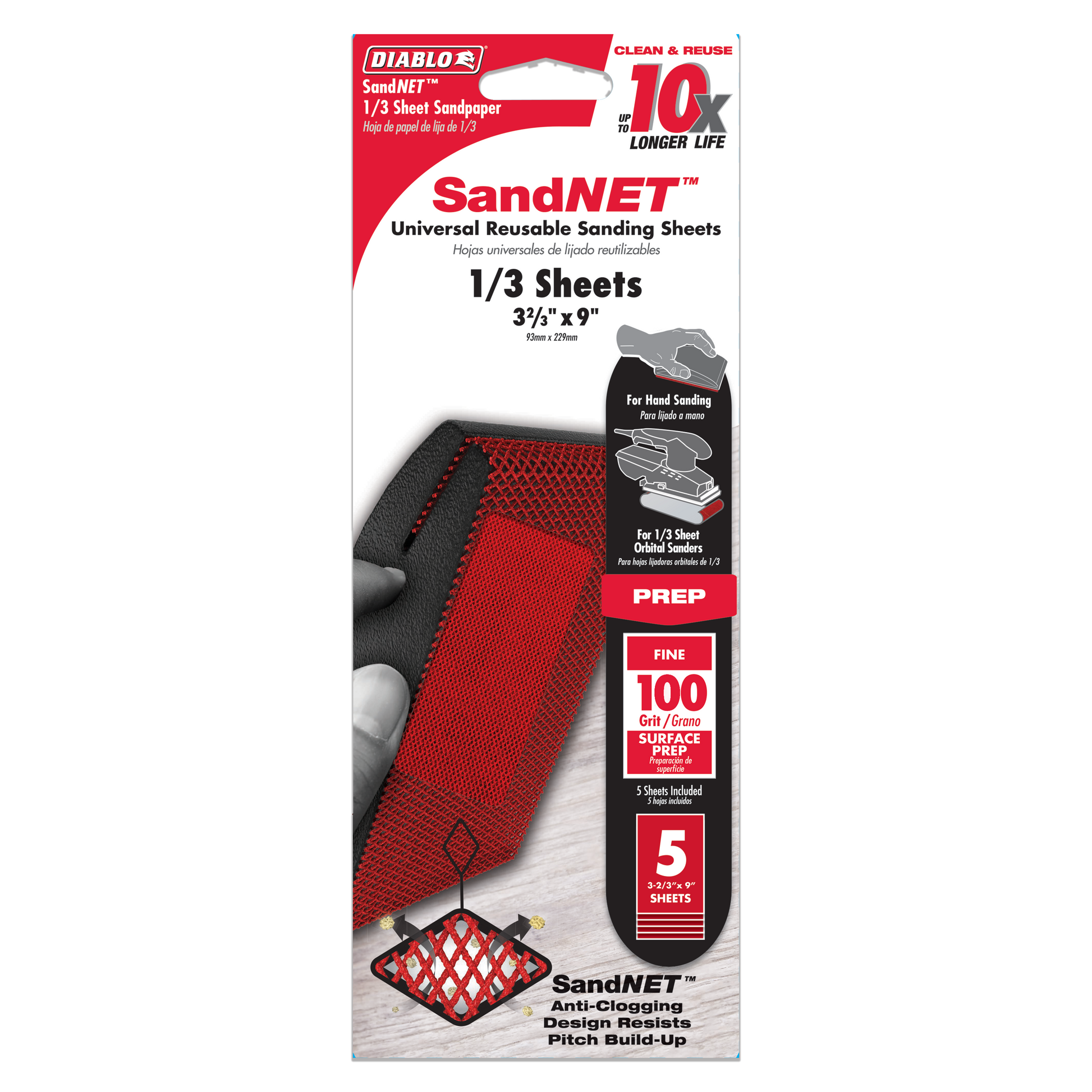 Five red and black 1/3 sheet sanding sheets with anti-clogging mesh design for hand sanding.