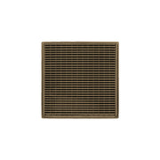 Square satin bronze drain grate with horizontal slot pattern and centered drain opening.