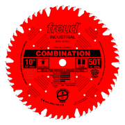 Red circular saw blade with 50 teeth, 10" diameter, white tooth tips, center arbor hole, labeled "Freud Industrial Combinatio